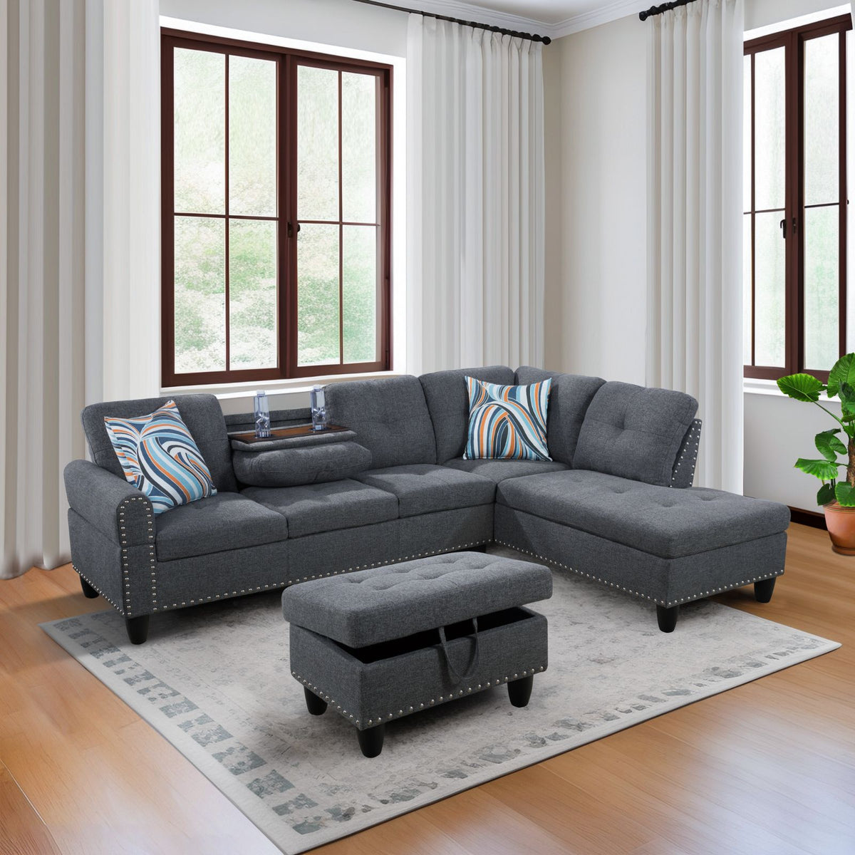 Gray Linen Modular L-Shaped Sectional Sofa with Console - product image 9