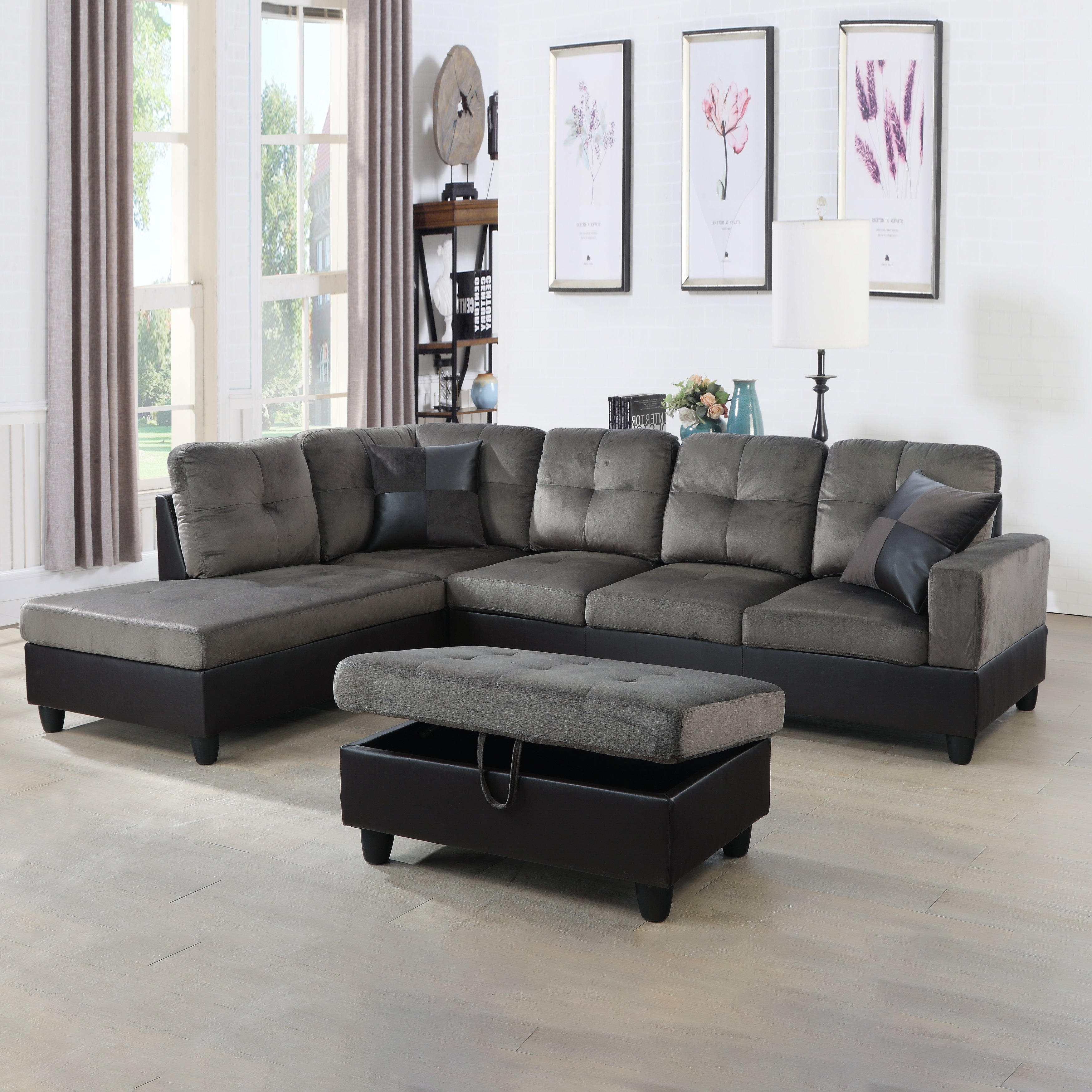 Ainehome Taupe Flannel L-Shaped Living Room Sectional Sofa Set