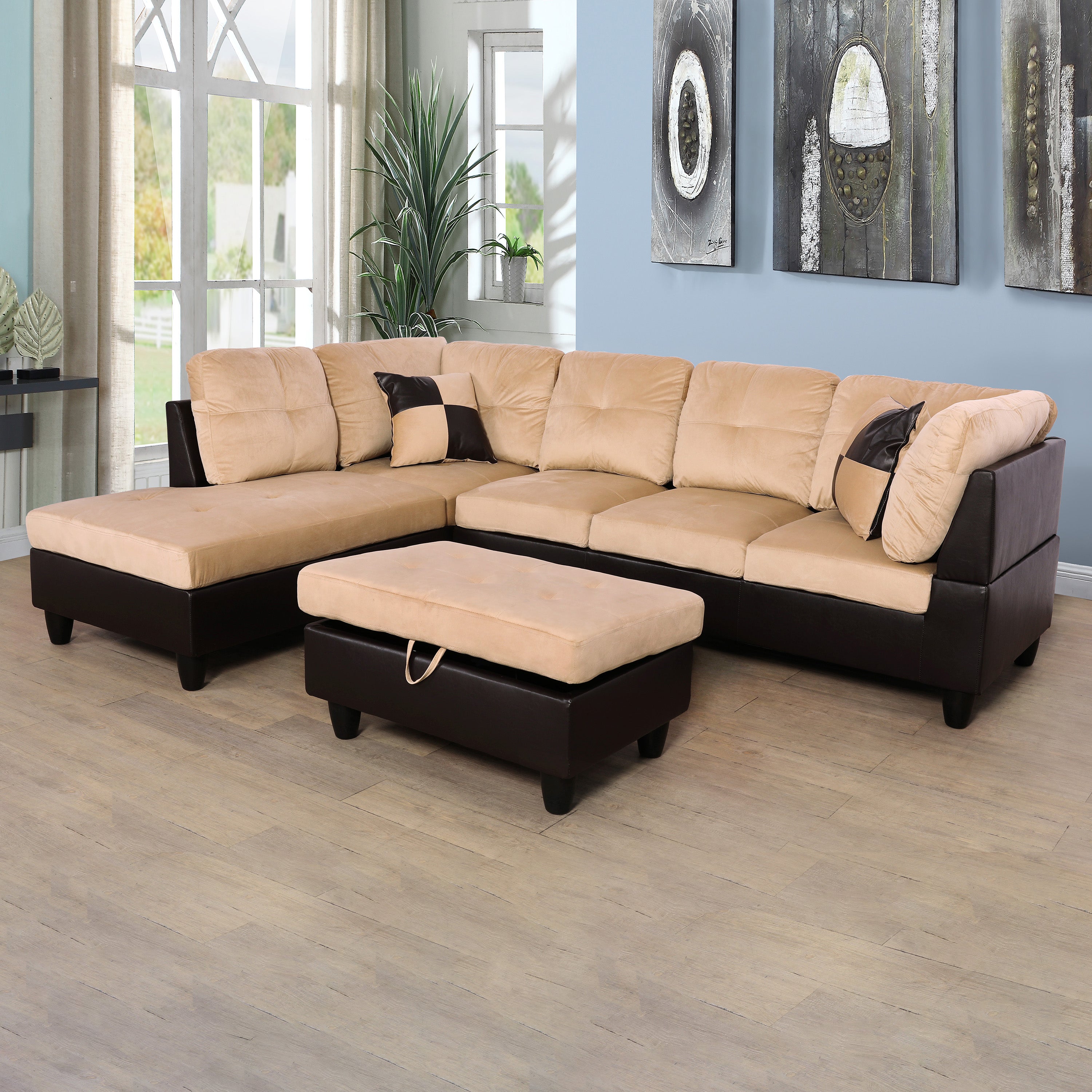 Ainehome Beige and Brown Lint L-Shaped Living Room Sectional Sofa Set