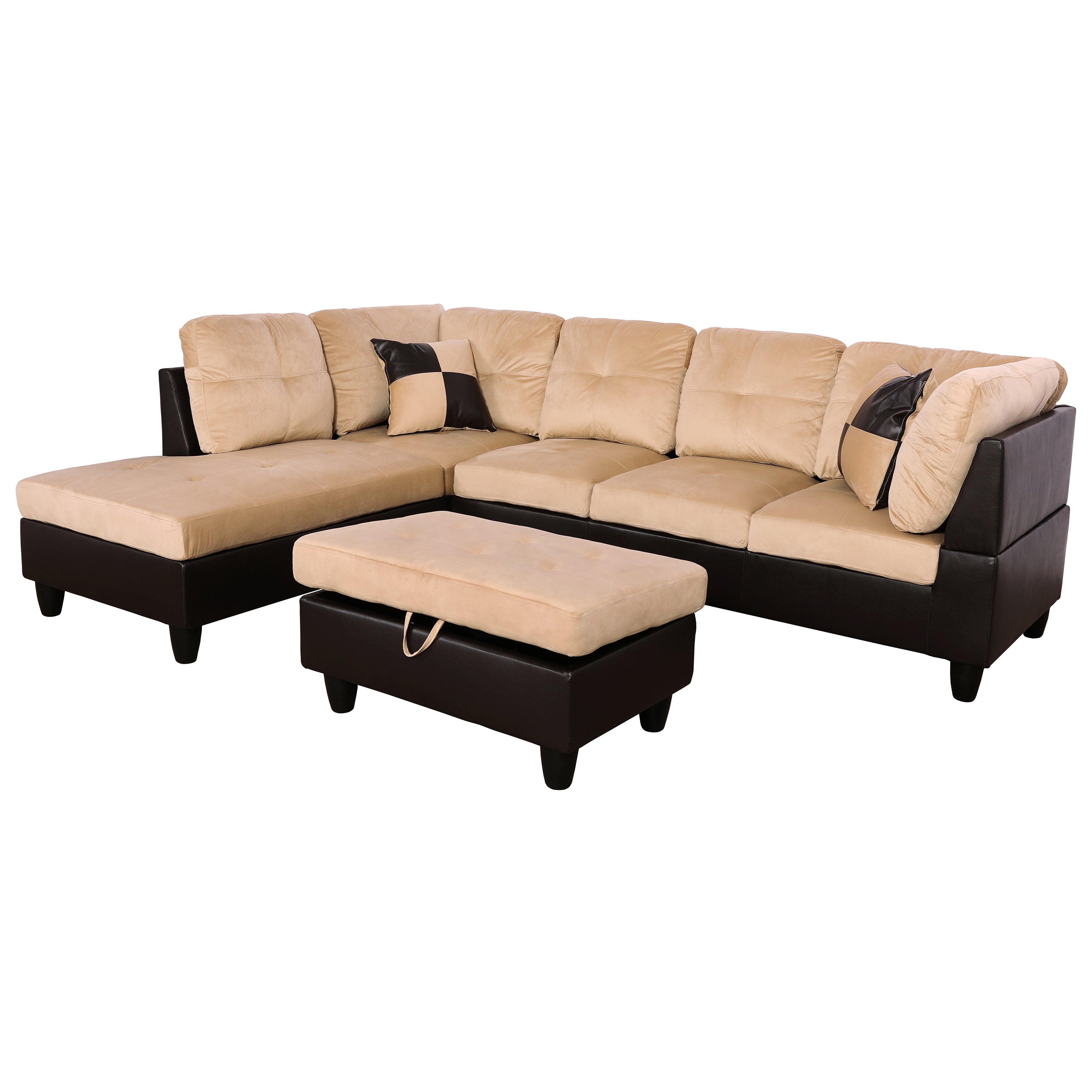 Ainehome Beige and Brown Lint L-Shaped Living Room Sectional Sofa Set