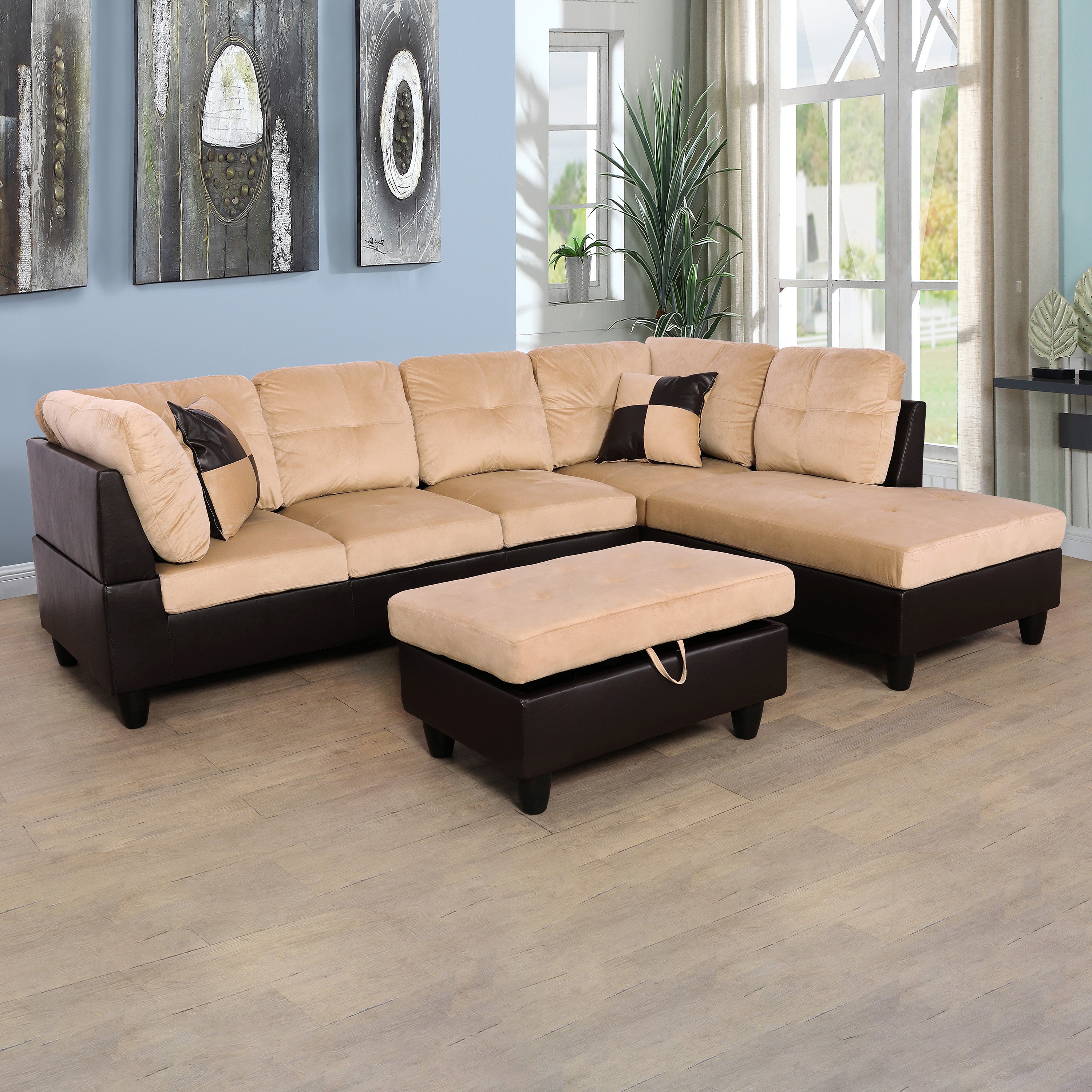 Conjunto de sofá seccional en forma de L con pelusa en color beige y marrón de Ainehome