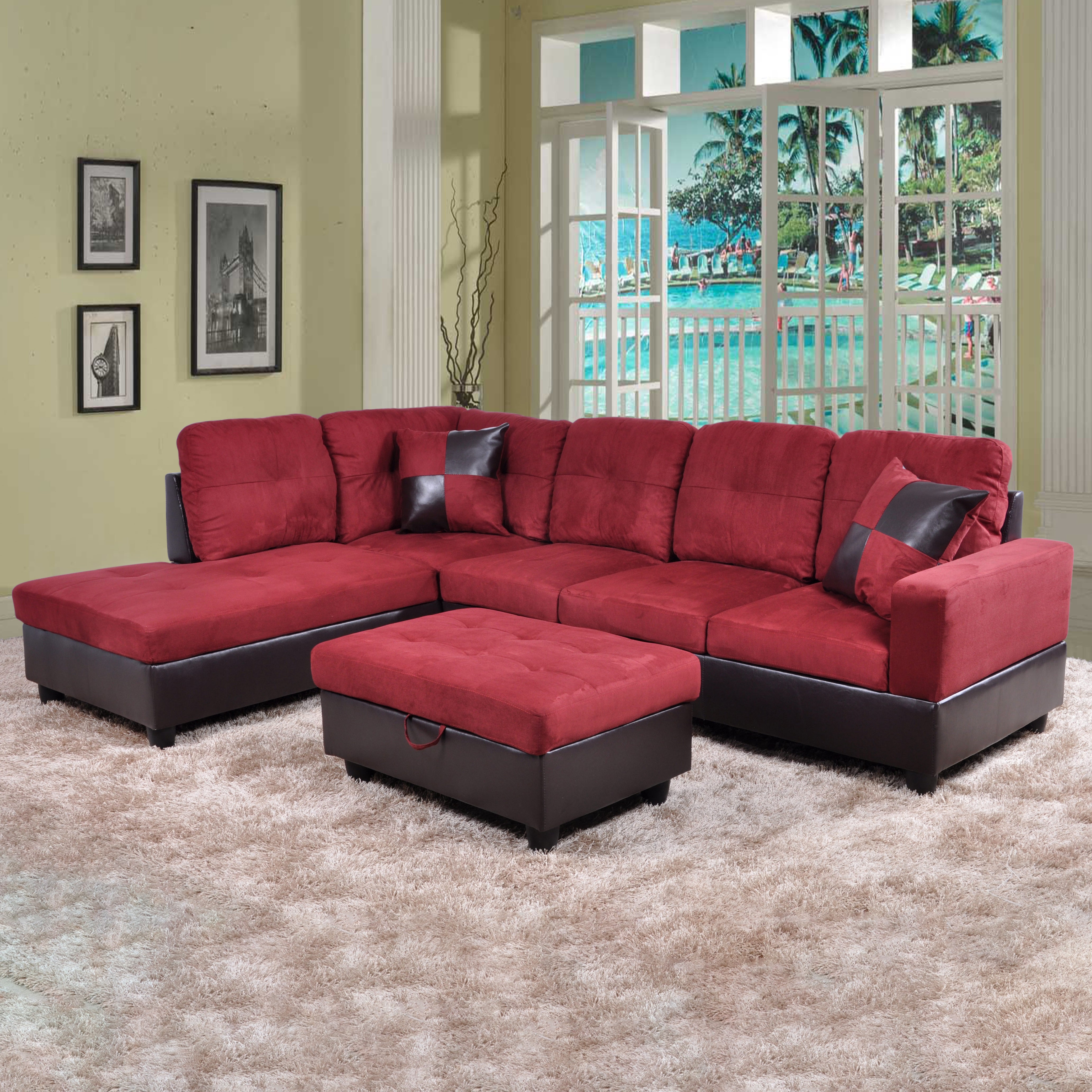 Ainehome Red Flannel L-Shaped Living Room Sectional Sofa Set