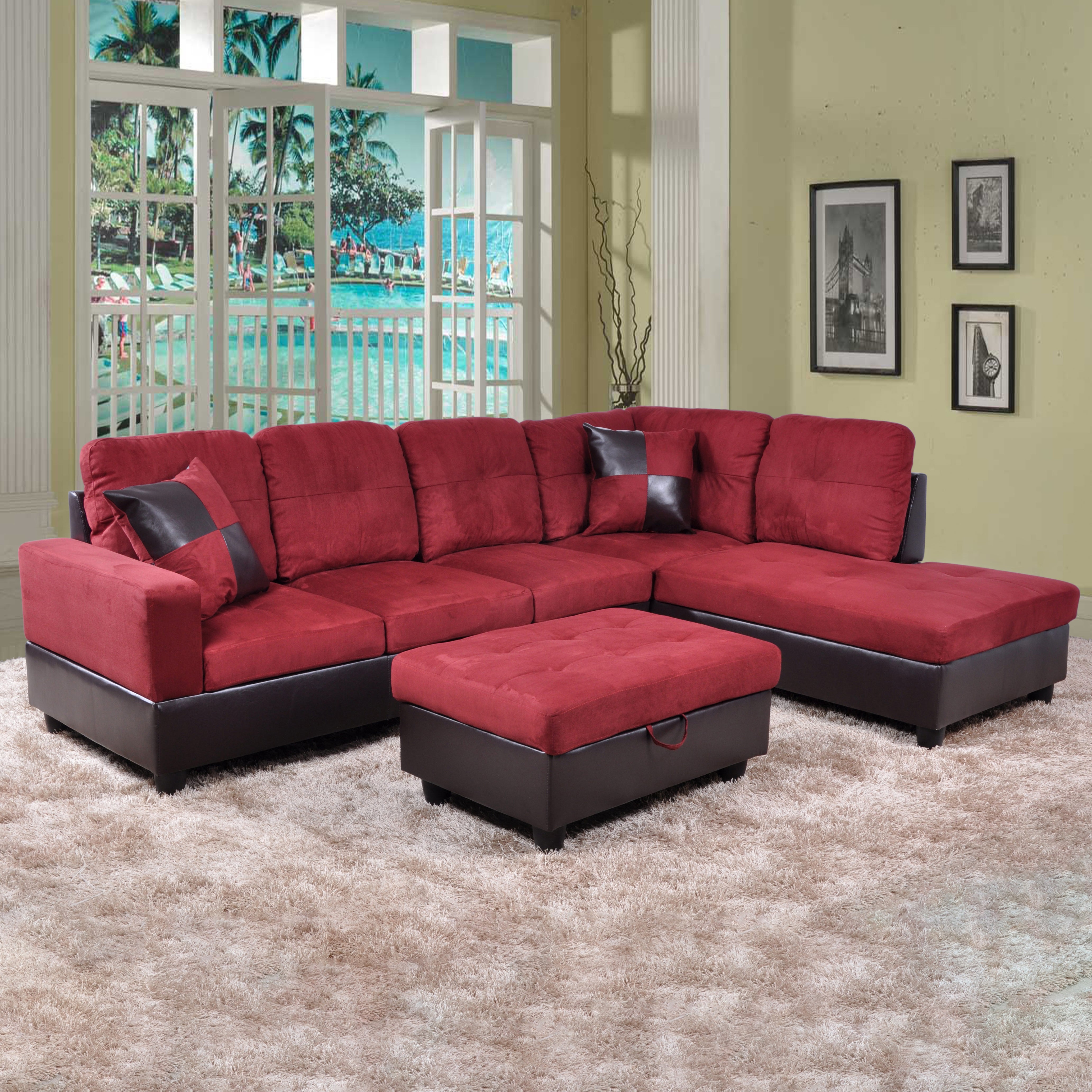 Conjunto de sofá seccional en forma de L de franela roja de Ainehome para sala de estar