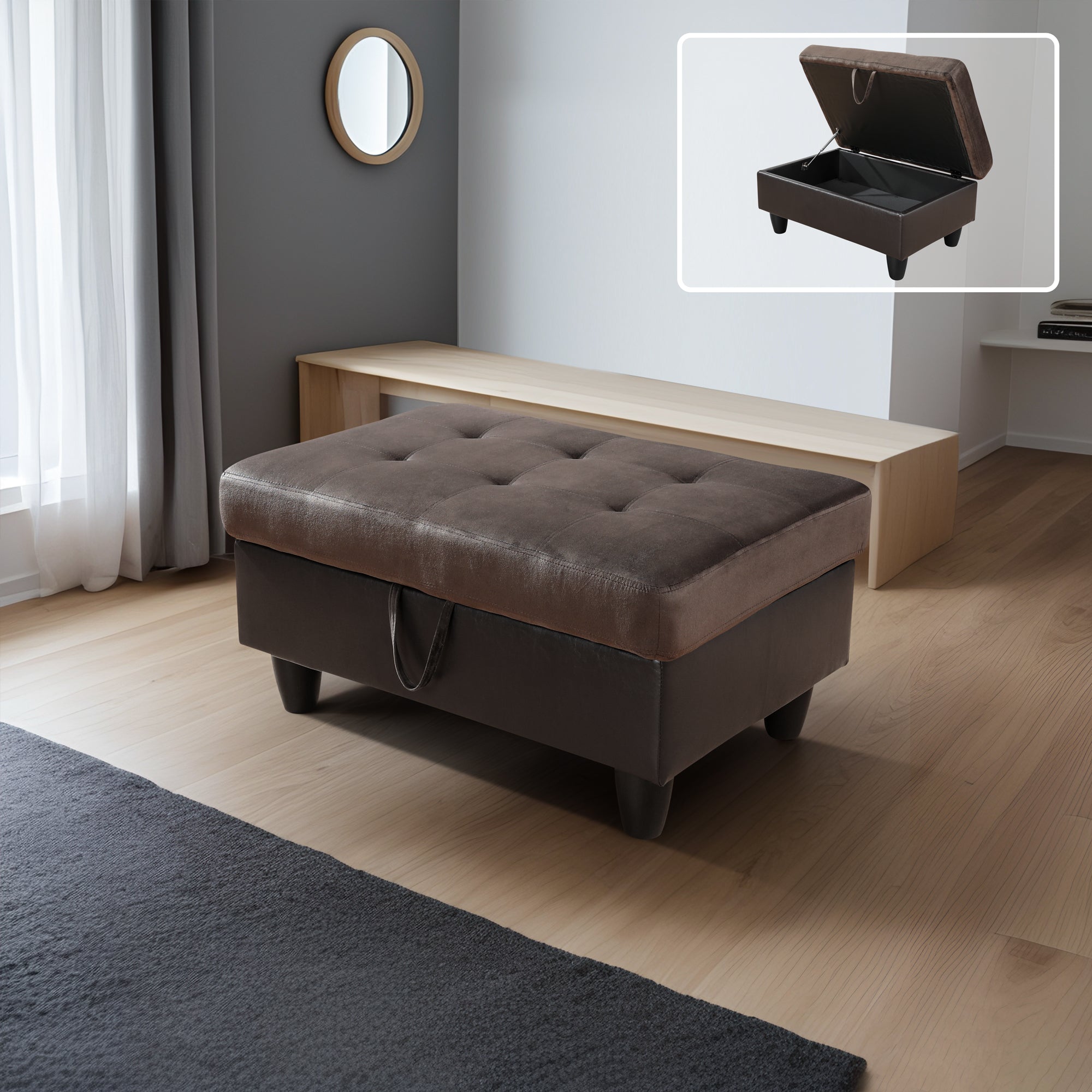 Ainehome Dunkelbraunes Flanell- und PVC-Stauraum-Ottomane-Wohnzimmersofa