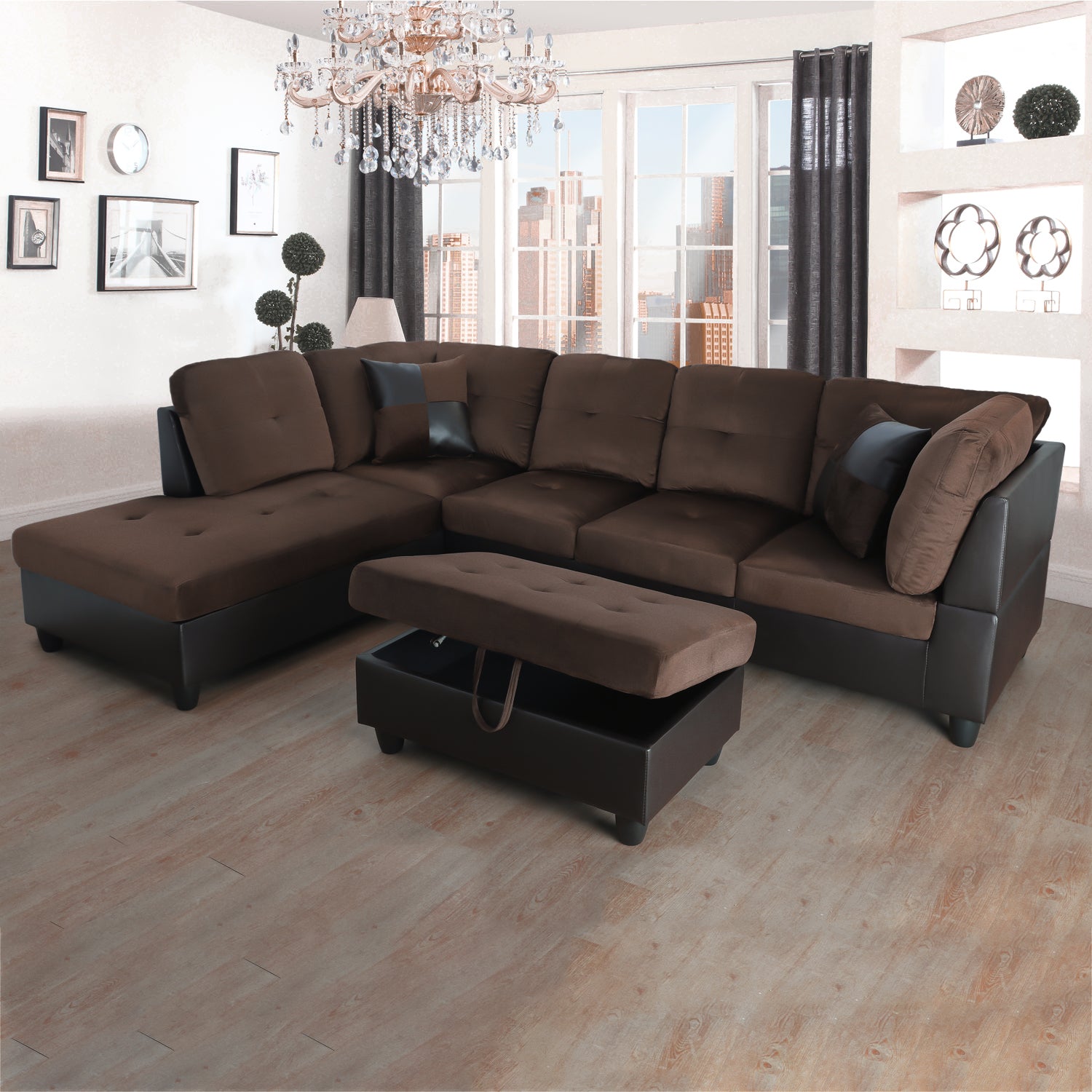AInehome Brown Lint L-Shaped Living Room Sectional Sofa Set