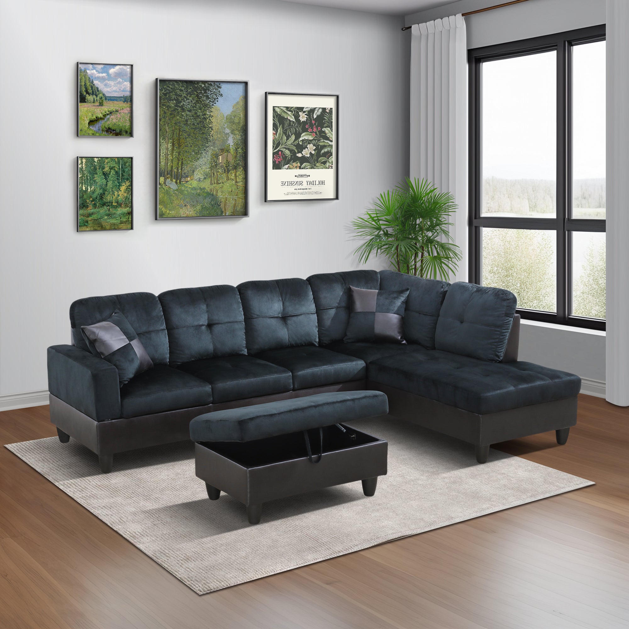 AInehome Dark Blue And Brown Lint L-Shaped Living Room Sectional Sofa Set