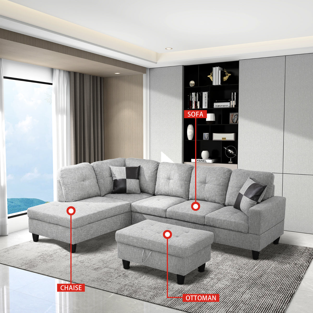 Gray Linen L-Shaped Sectional Sofa - product image 3