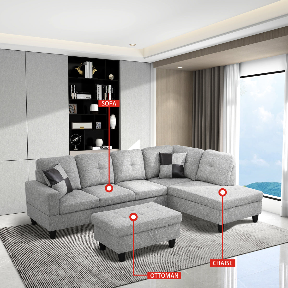 Gray Linen L-Shaped Sectional Sofa - product image 11