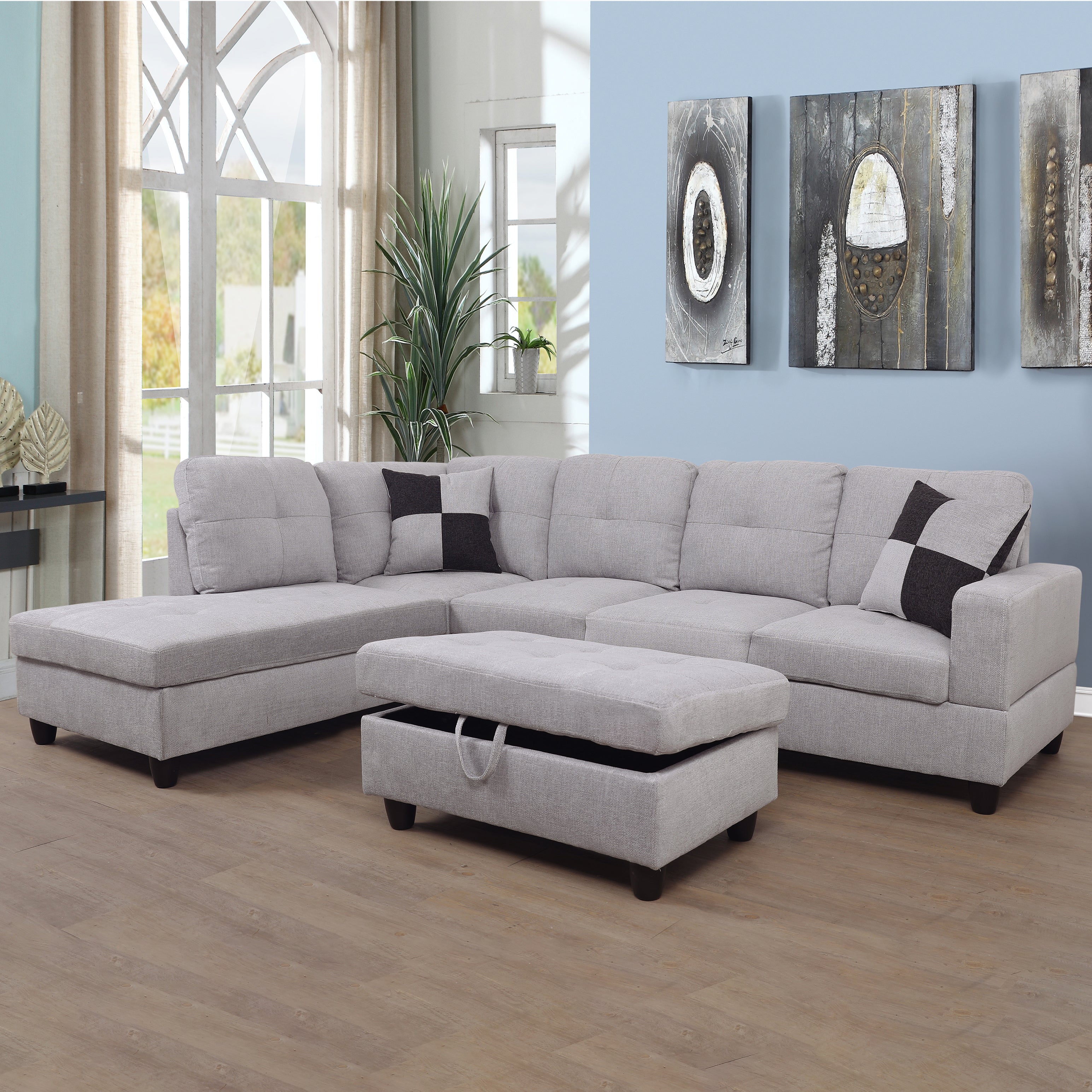Ainehome Light Grey Flannel L-Shaped Living Room Sectional Sofa Set