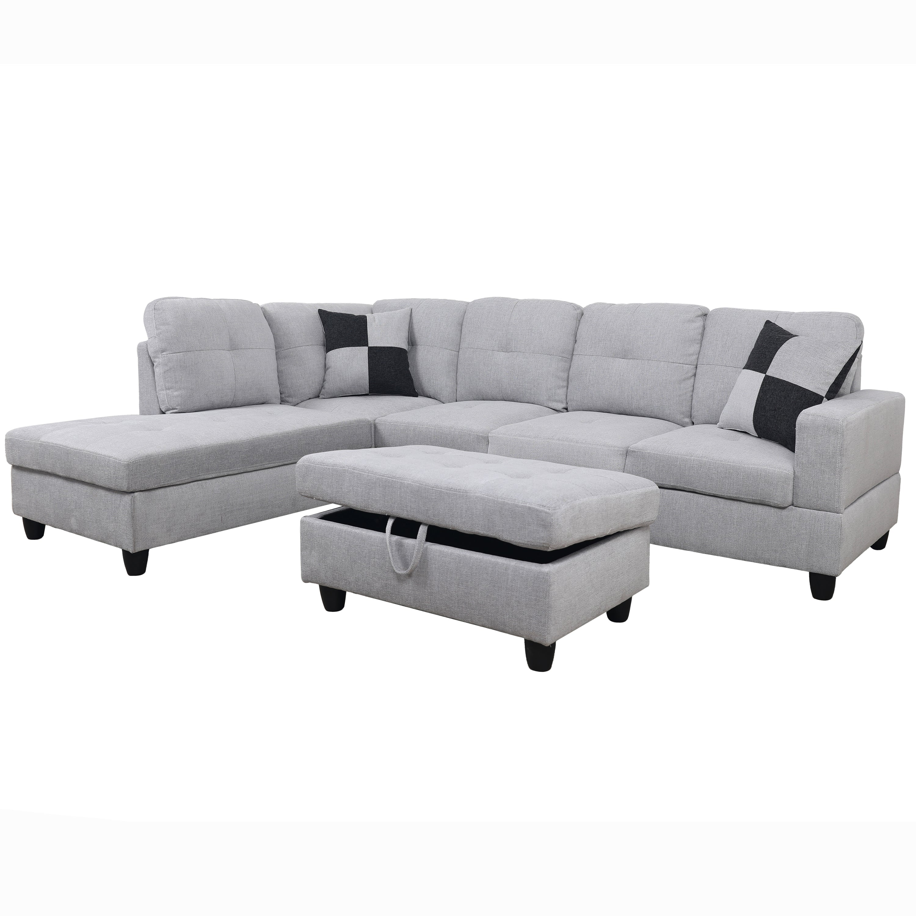 Ainehome Light Grey Flannel L-Shaped Living Room Sectional Sofa Set