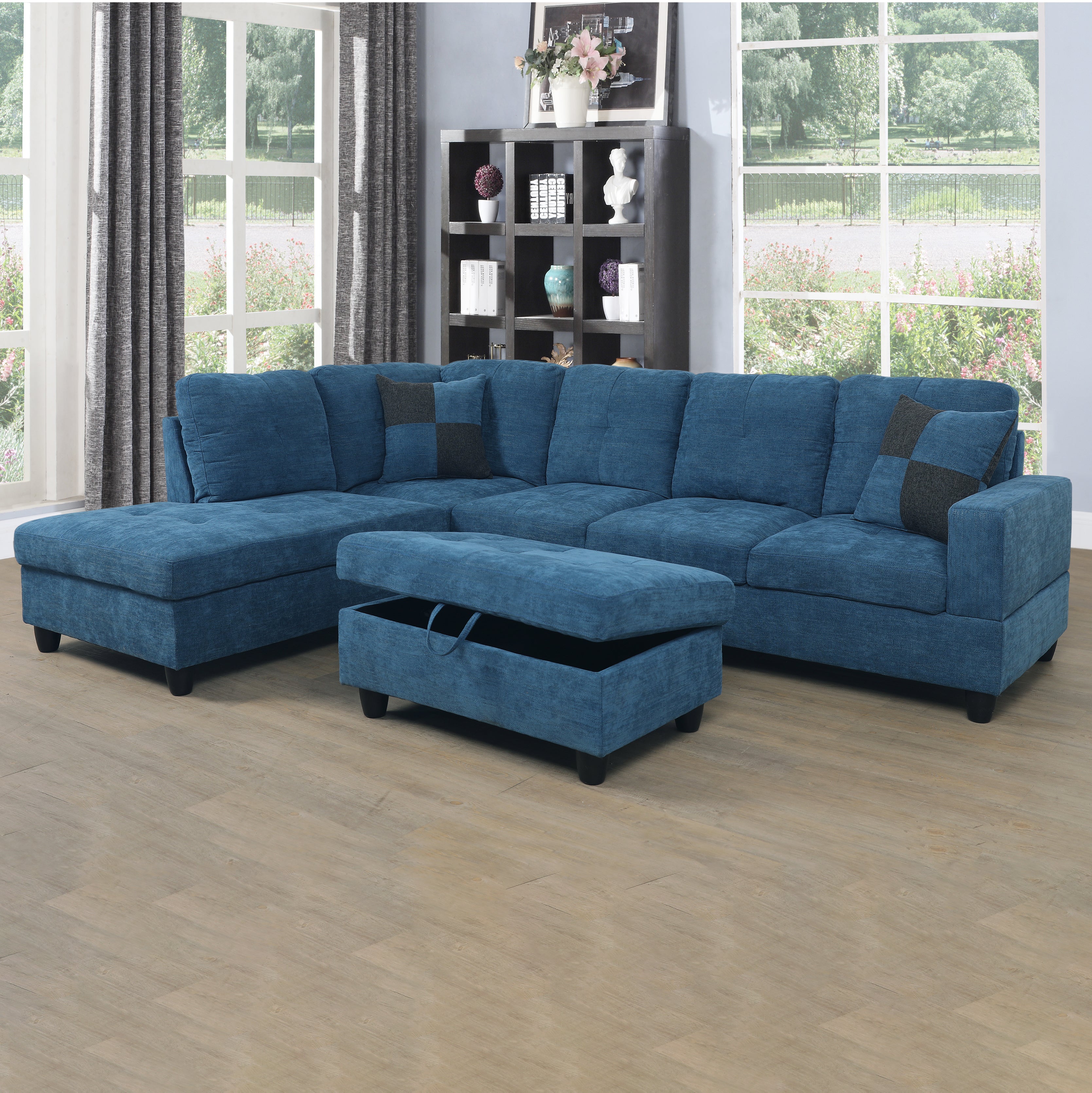 Ainehome Blue Flannel L-Shaped Living Room Sectional Sofa Set