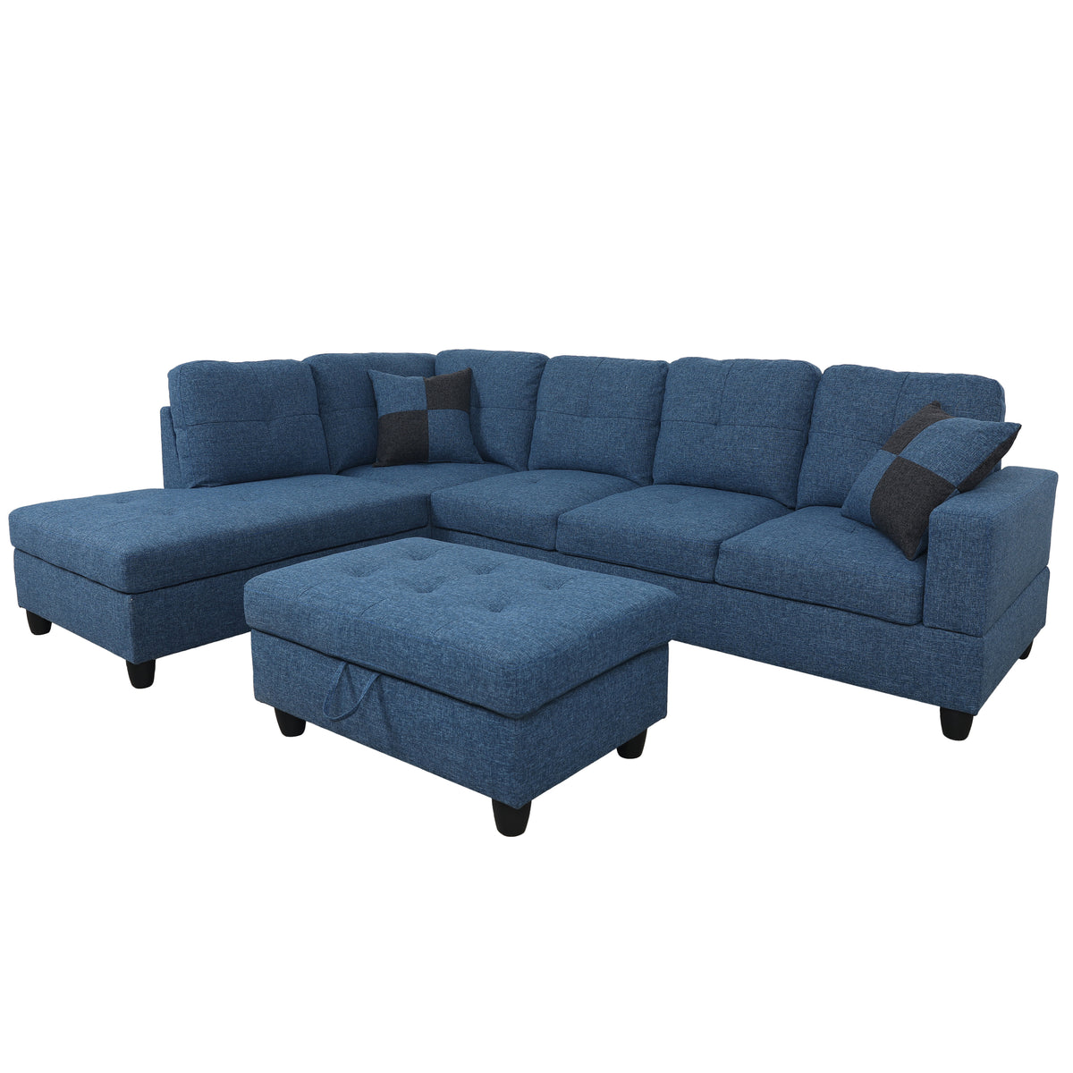 Ainehome blue linen L-shaped sectional sofa with storage ottoman