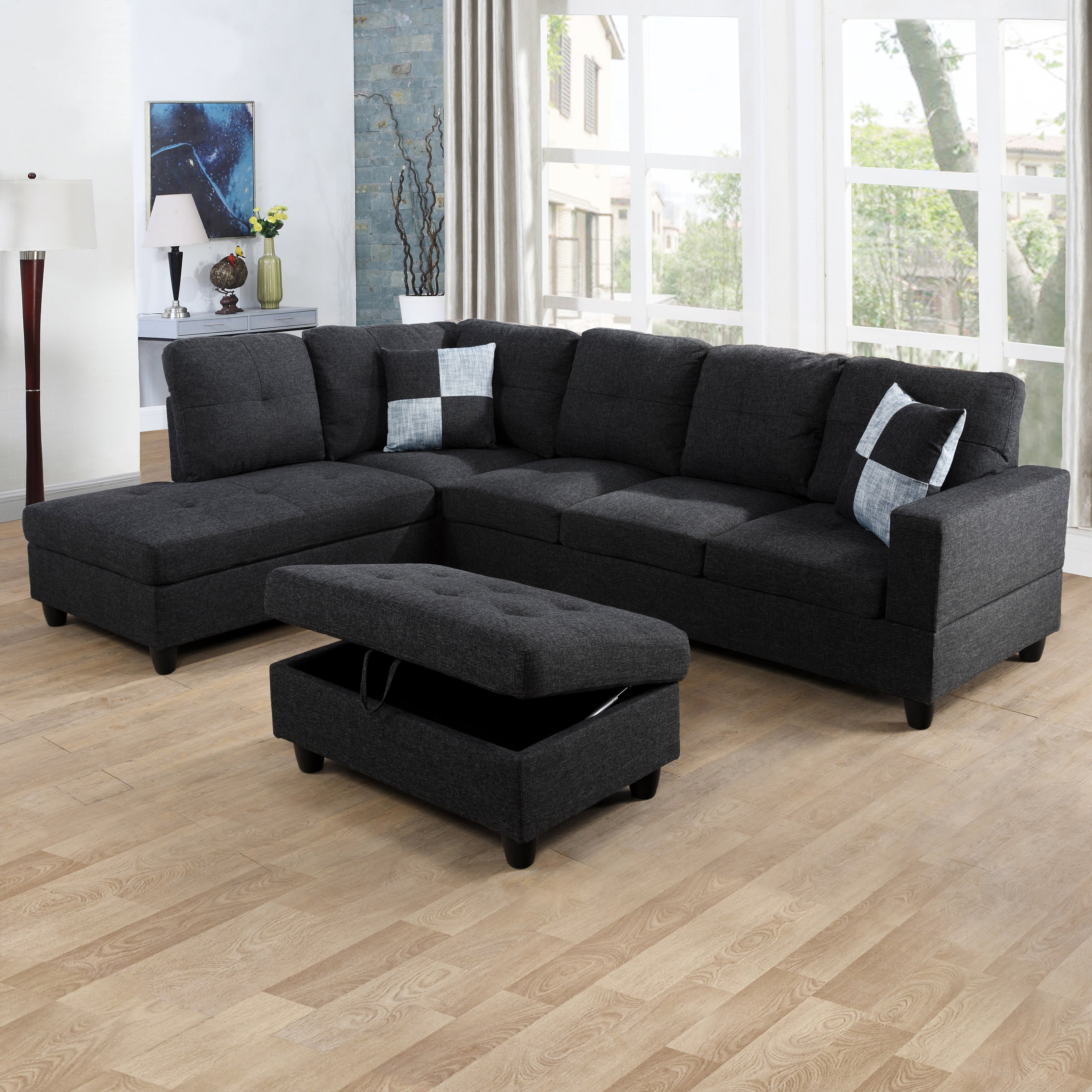 Ainehome Black Grey Linen L-Shaped Living Room Sectional Sofa Set