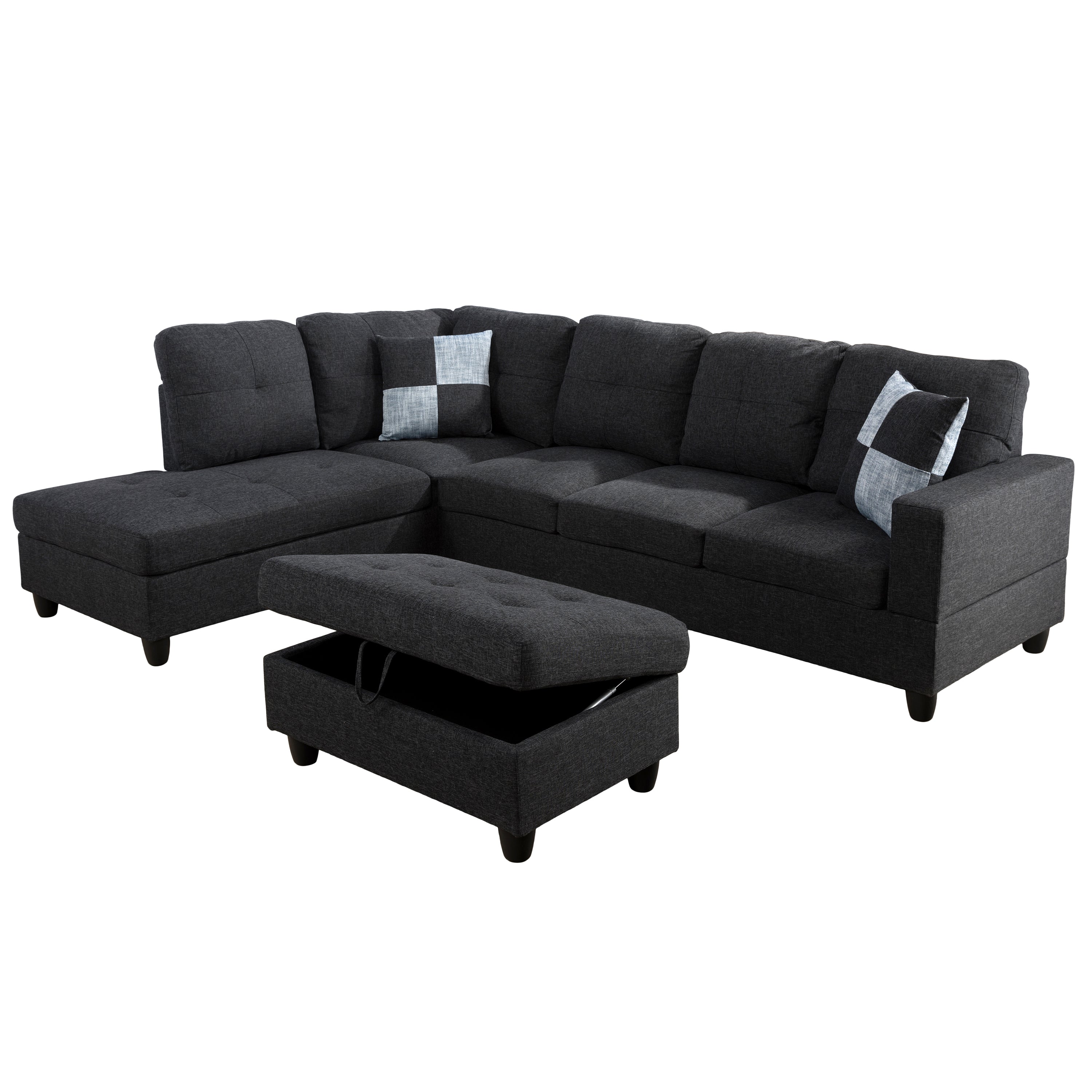 Ainehome Black Grey Linen L-Shaped Living Room Sectional Sofa Set