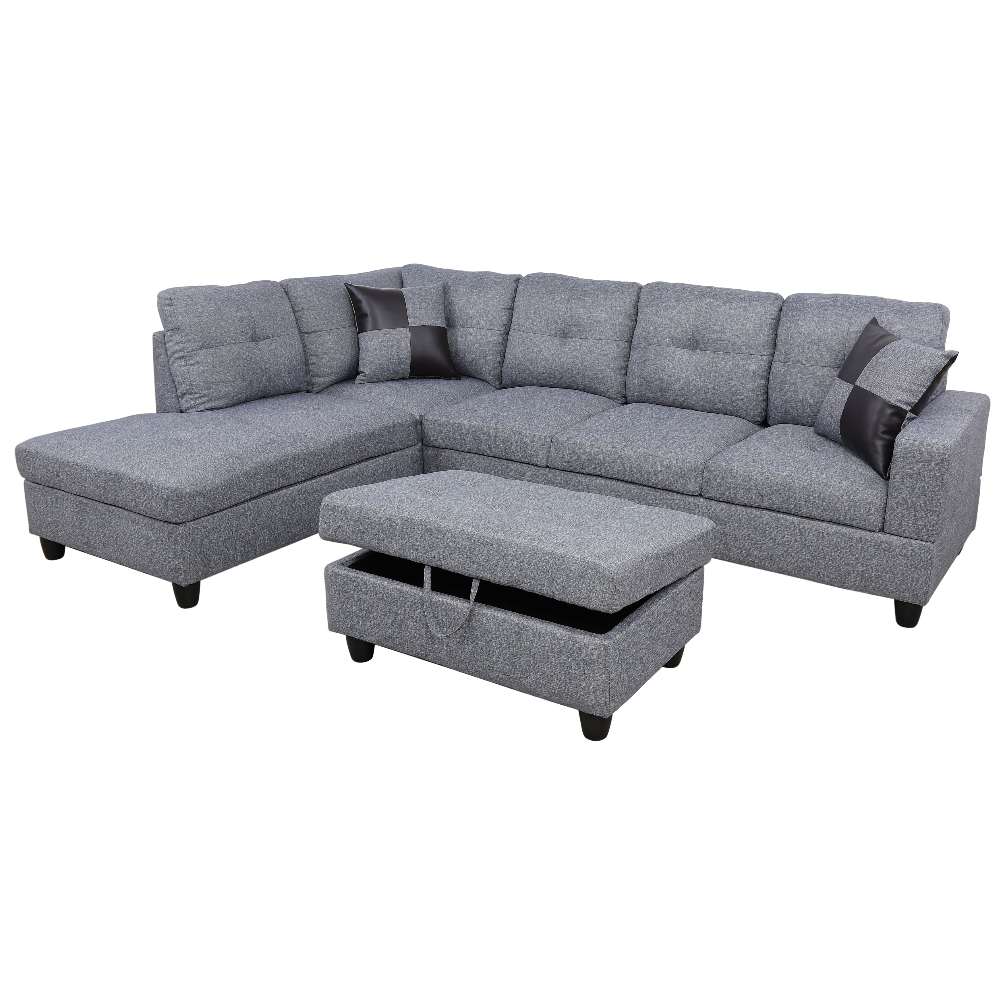 Ainehome Grey Linen L-Shaped Living Room Sectional Sofa Set