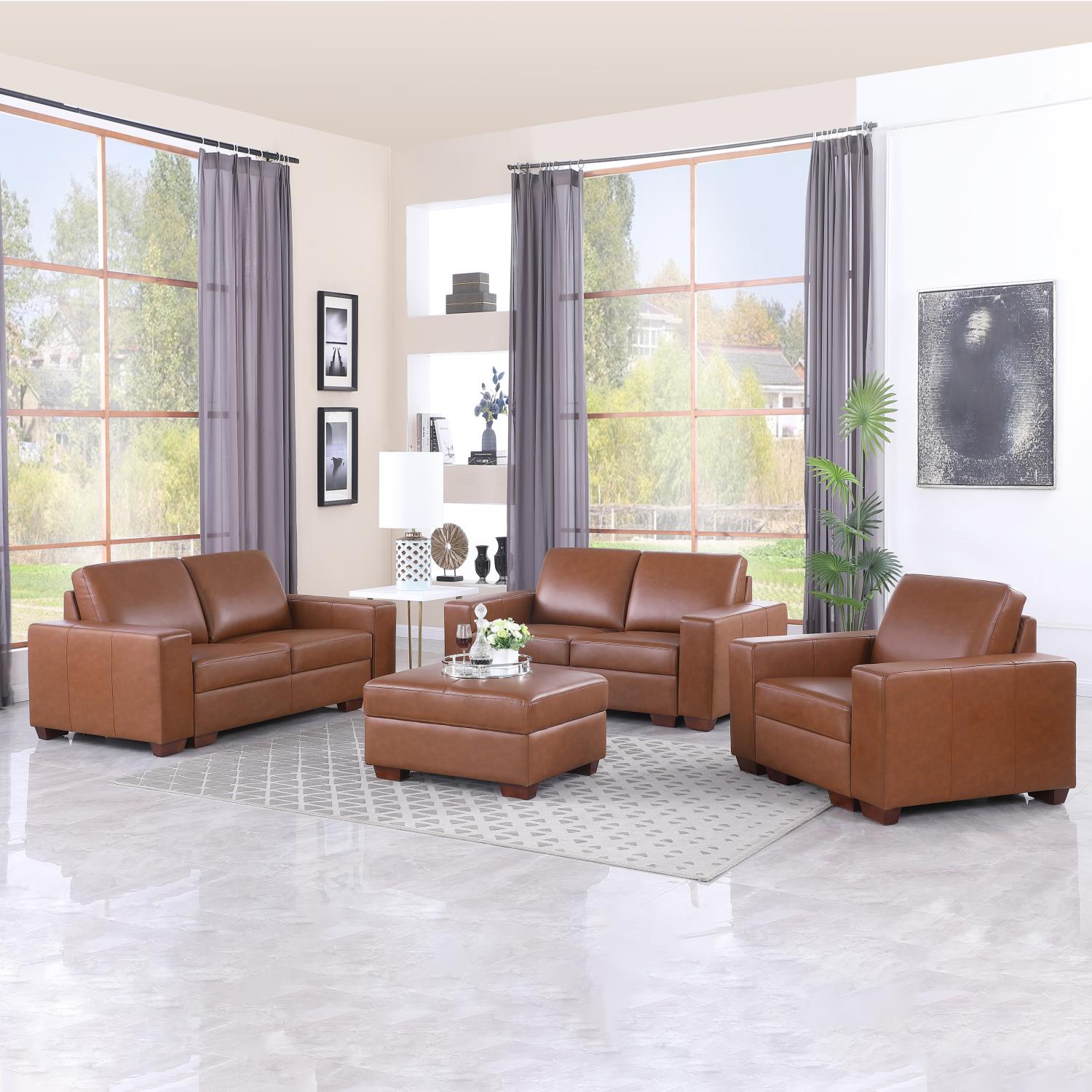 Ainehome Brown Top Cowhide 2+2+1 Combo Sofa and Chair Set
