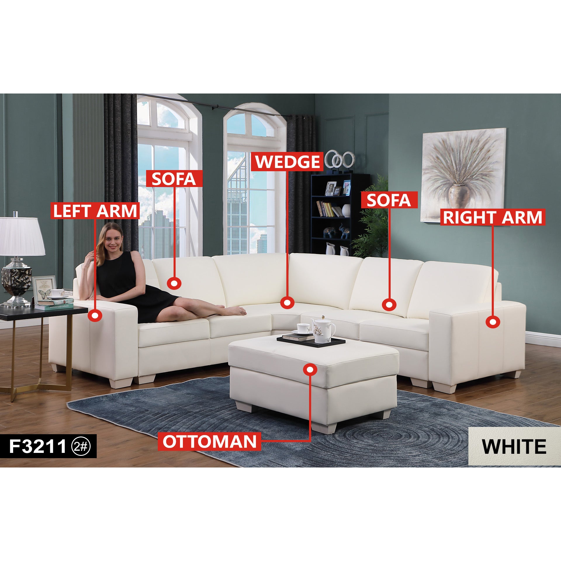 Ainehome White Genuine Cow L-Shaped Leather 5-Piece Living Room Sofa Set