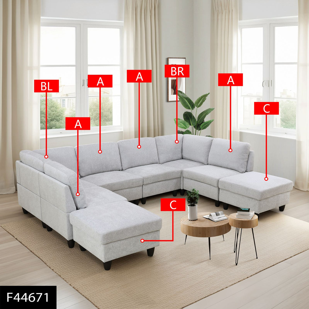 Gray and White Flannel 8-Piece U-Shaped Sectional Sofa - product image 2