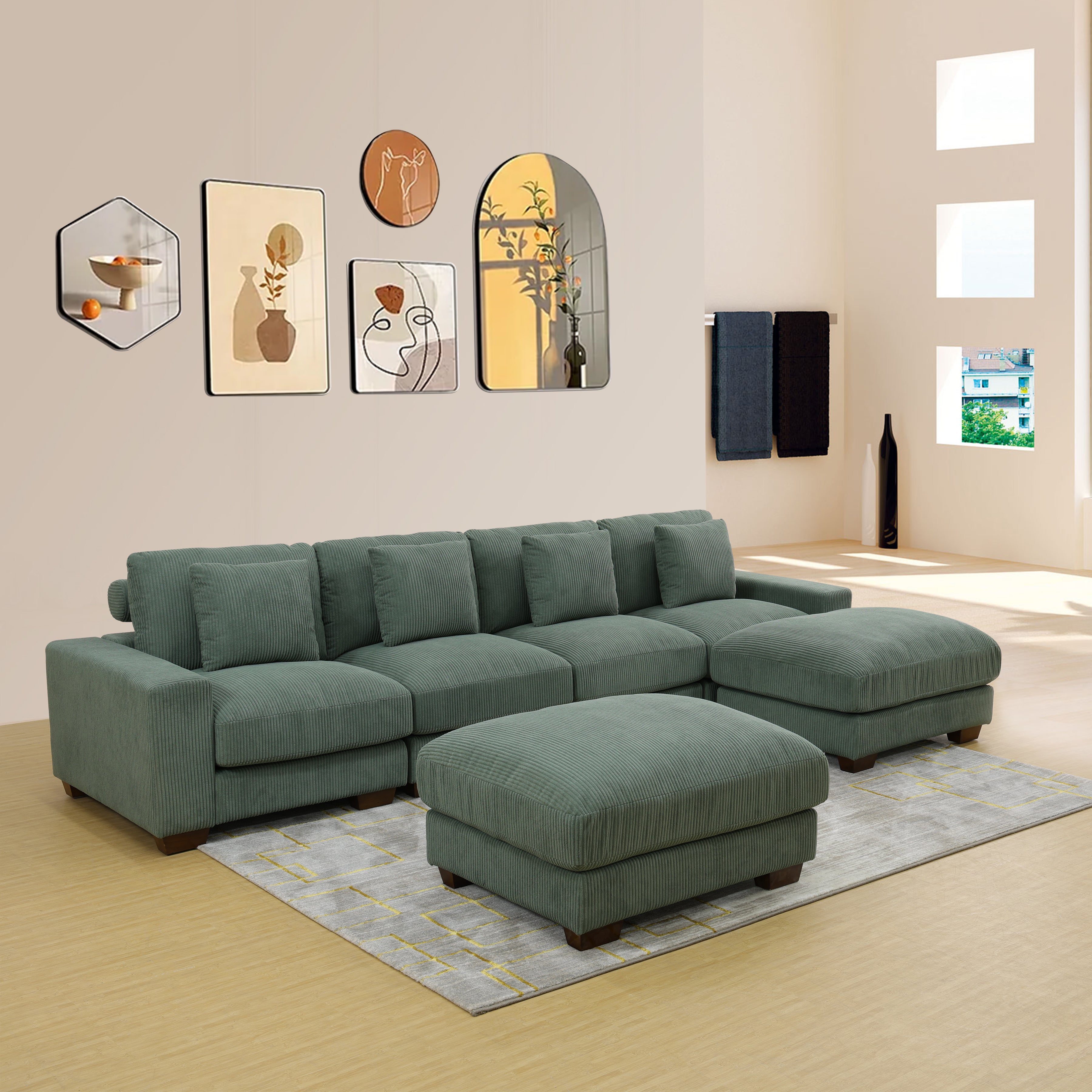 Ainehome Green Corduroy 6-Piece Living Room Sofa Set-3