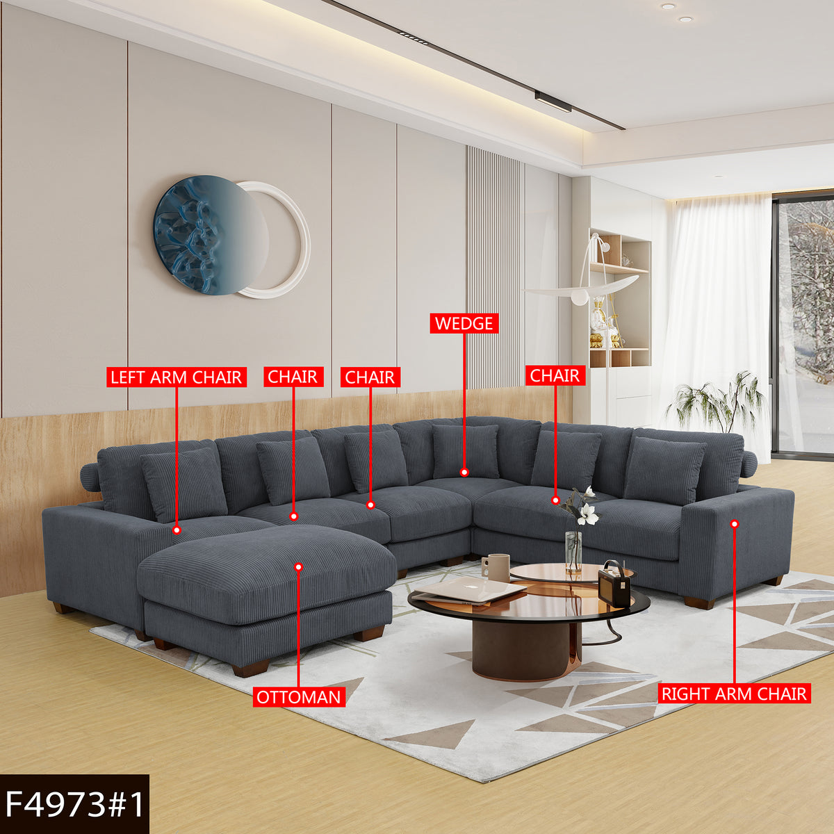 Dark Gray Corduroy 7-Piece Modular Sectional with Storage Ottoman - product image