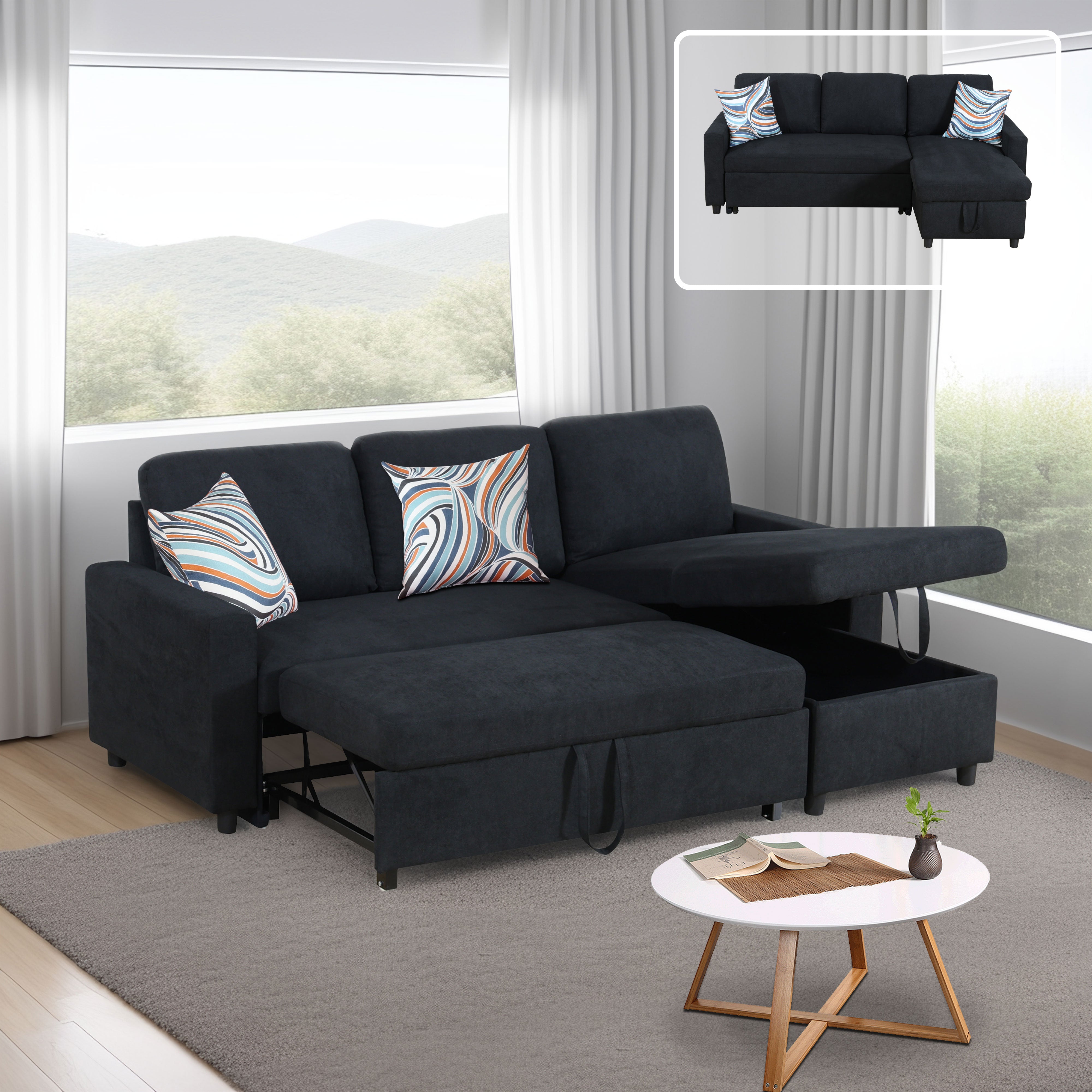Ainehome Black Flannelette L-Shaped Living Room Sectional Sofa bed