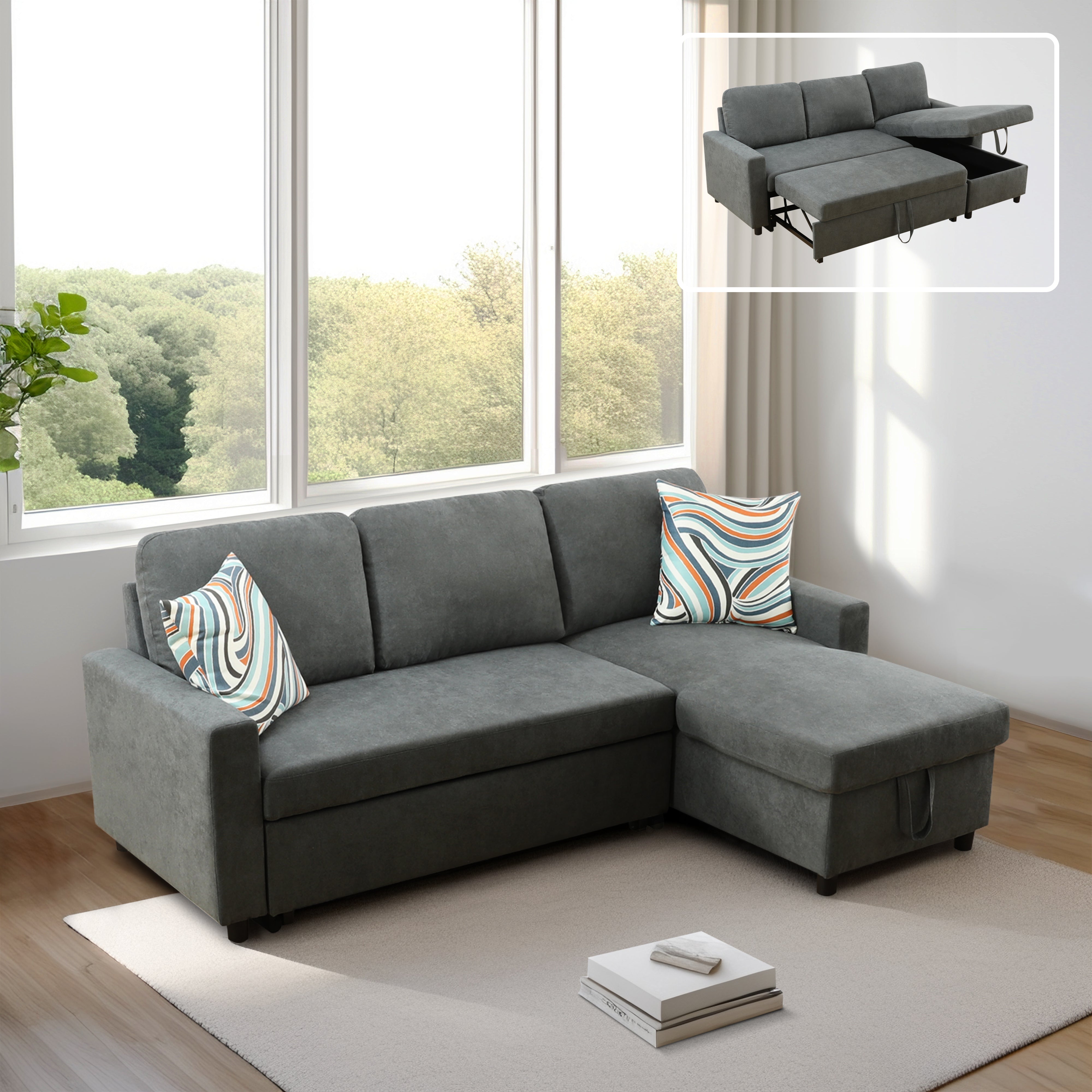 Ainehome L-förmiges Schlafsofa aus Flanell in Dunkelgrau