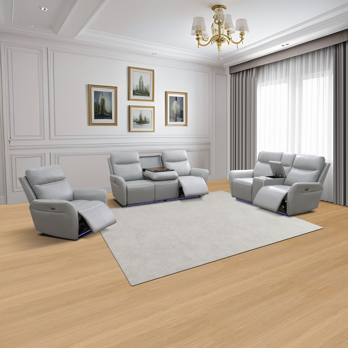 Light Gray Breathing Leather 3-Piece Power Reclining Sofa Set