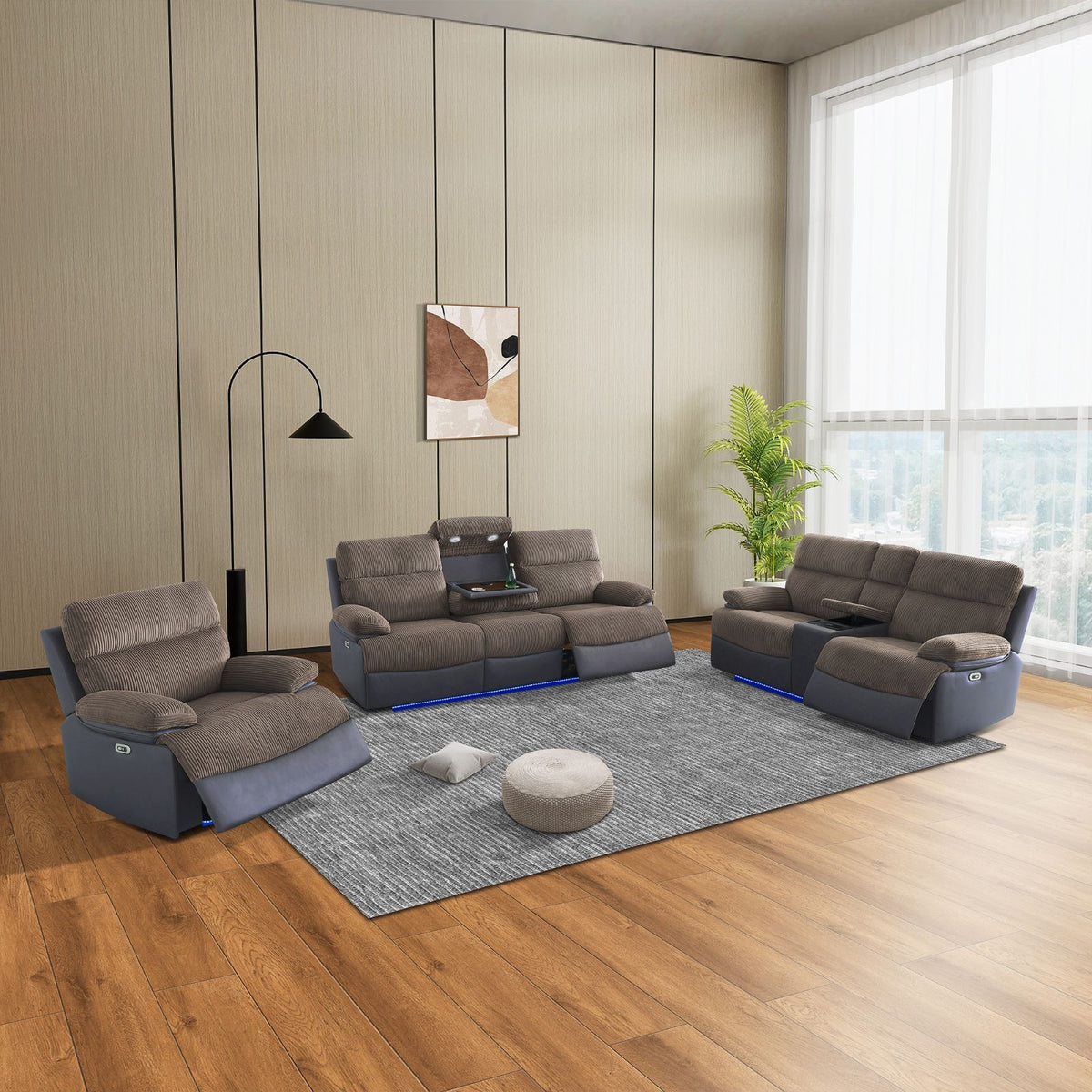 Brown Stripe & Blackish Gray Technical Fabric 3-Piece Power Reclining Sofa Set