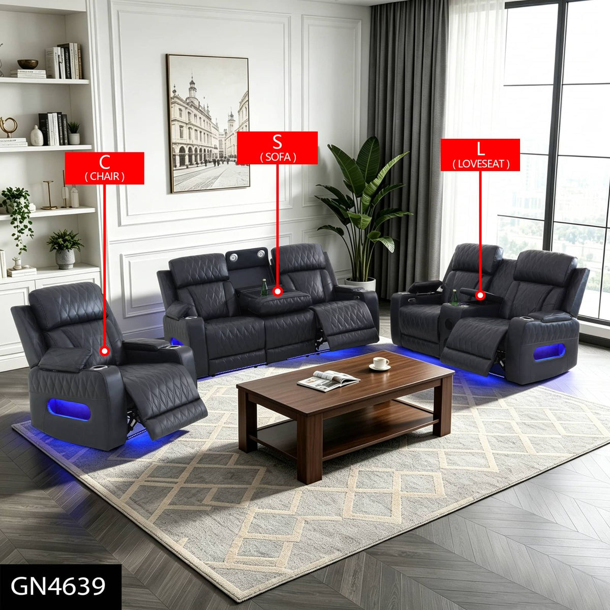 Blackish Gray Breathing Leather & PVC 3-Piece Power Reclining Sofa Set - product image 3