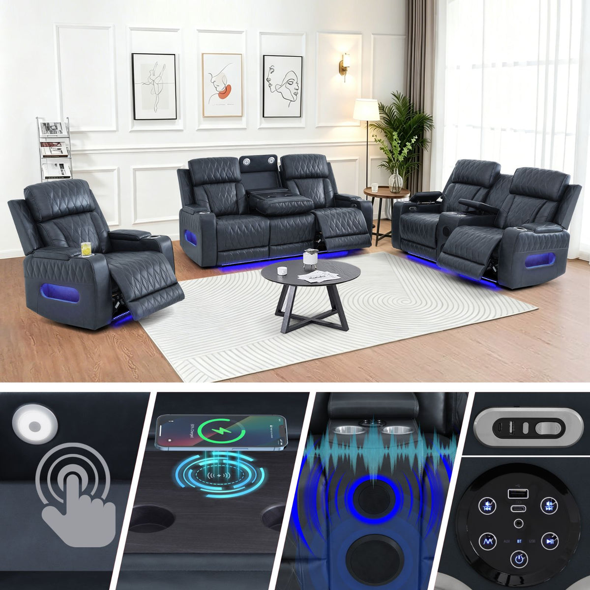 Blackish Gray Breathing Leather & PVC 3-Piece Power Reclining Sofa Set