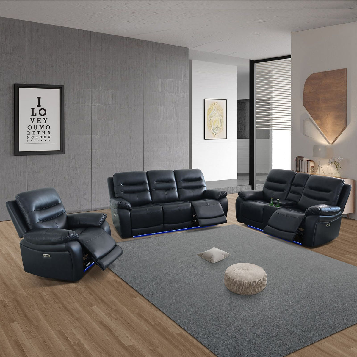 Black Leather & PVC 3-Piece Power Reclining Sofa Set
