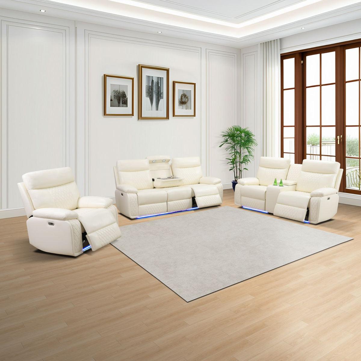 Off-White Semi-PU Leather 3-Piece Power Reclining Sofa Set