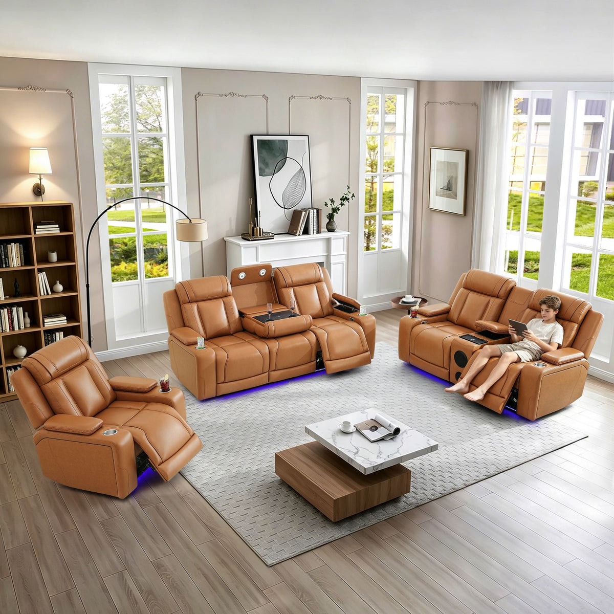 Orange Yellow Semi-PU Leather 3-Piece Power Reclining Sofa Set