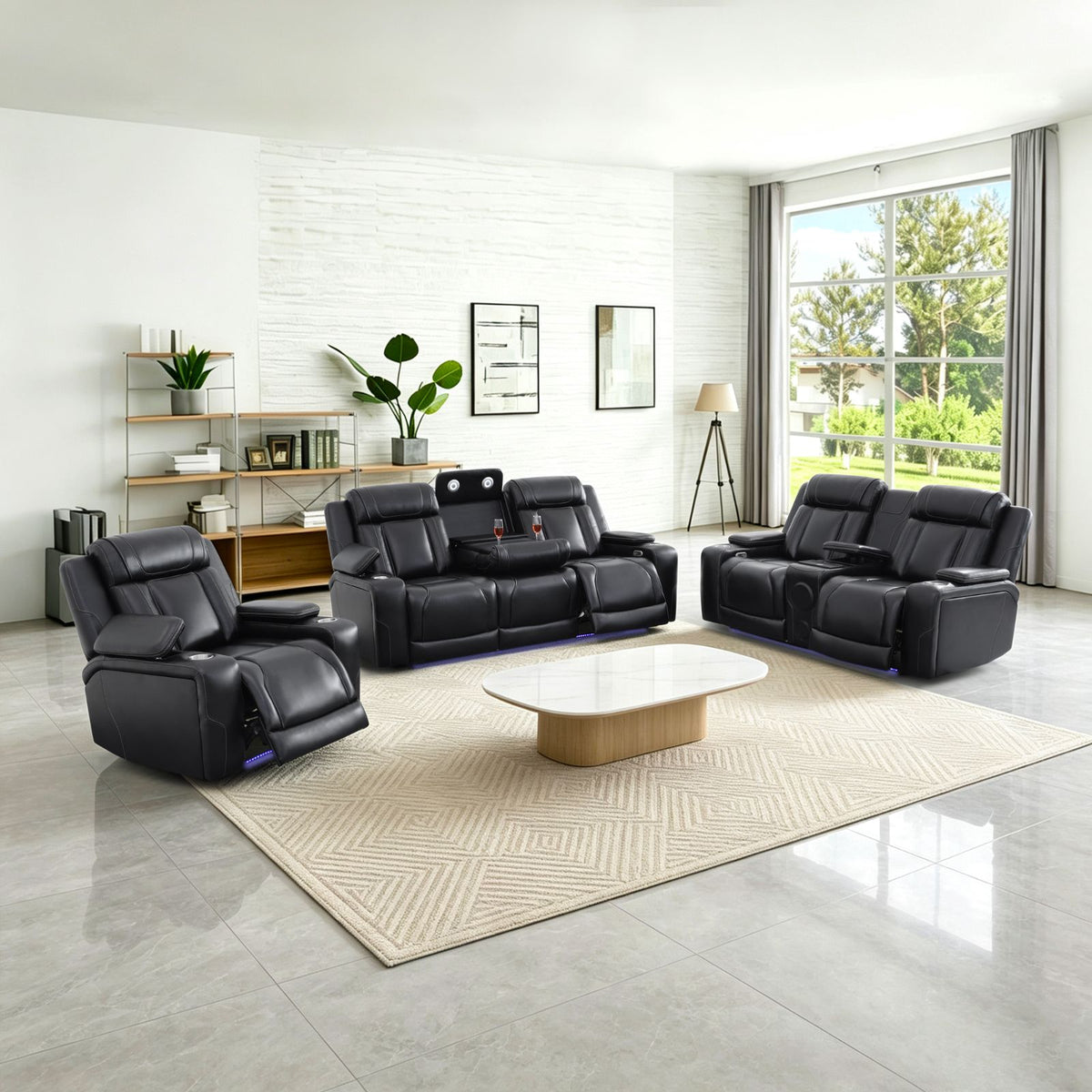 Black Semi-PU Leather 3-Piece Power Reclining Sofa Set