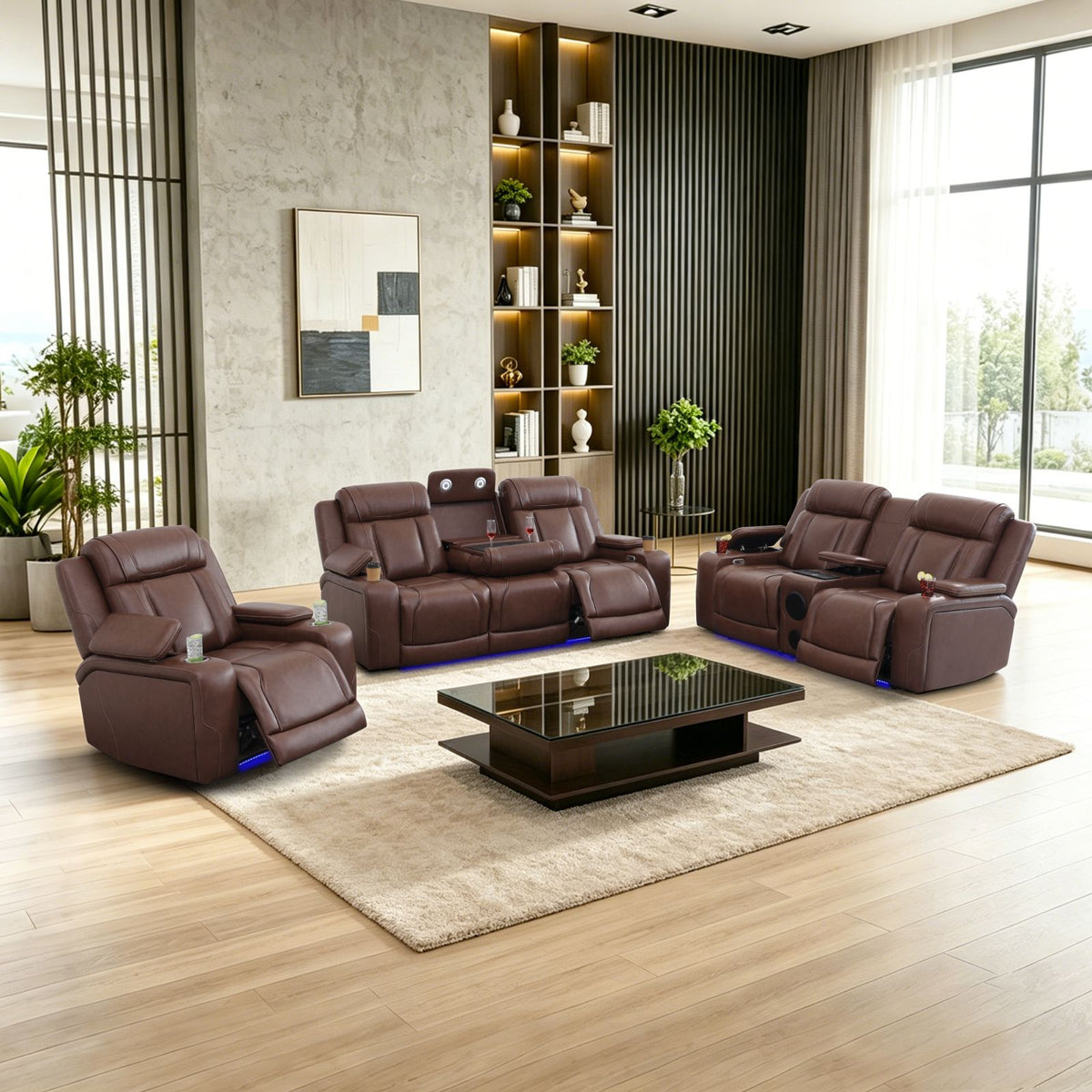 Reddish-Brown Semi-PU Leather 3-Piece Power Reclining Sofa Set