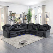 Black Breathing Leather 3-Piece Power Reclining Sectional Sofa Set with LED Lighting