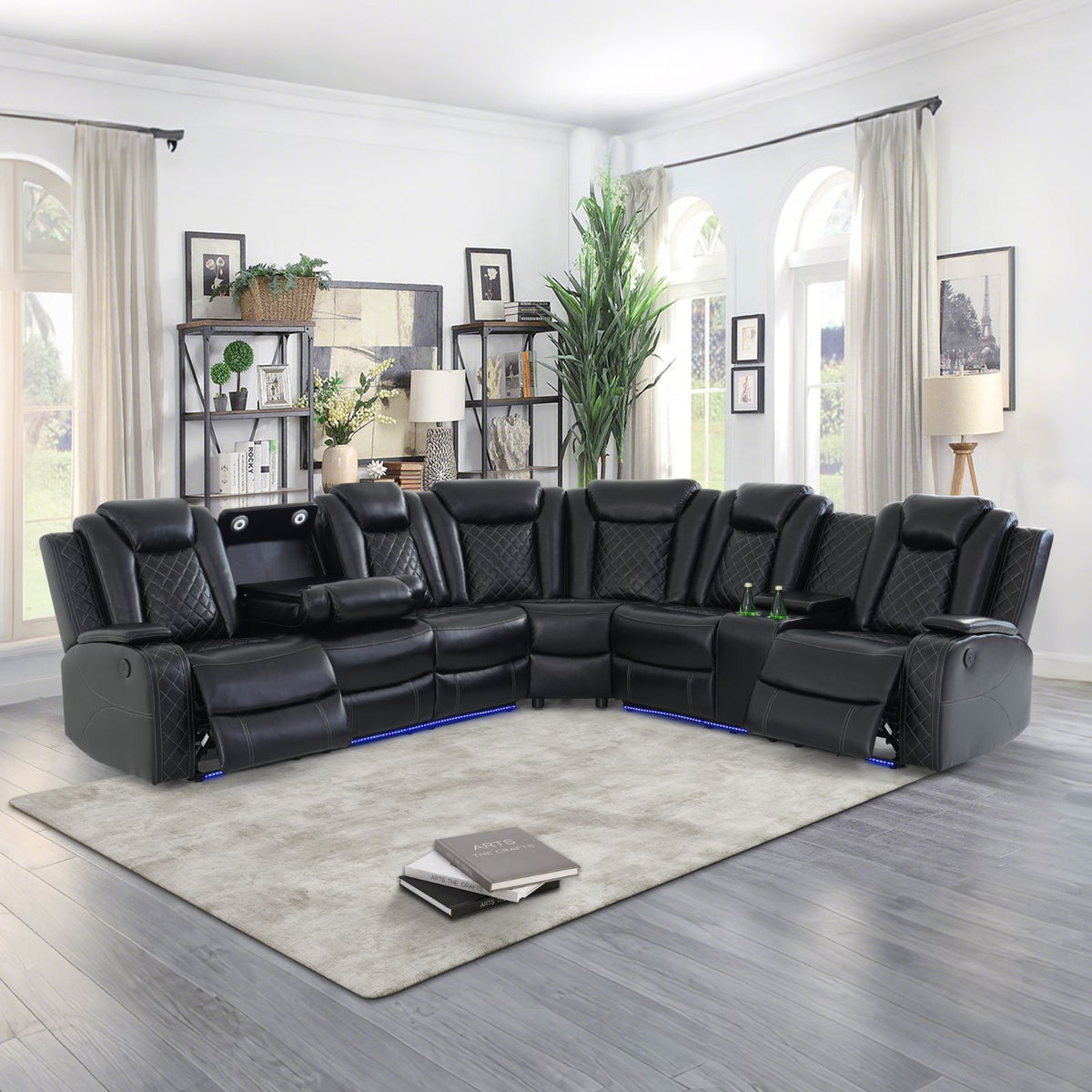 Black Breathing Leather 3-Piece Power Reclining Sectional Sofa Set with LED Lighting