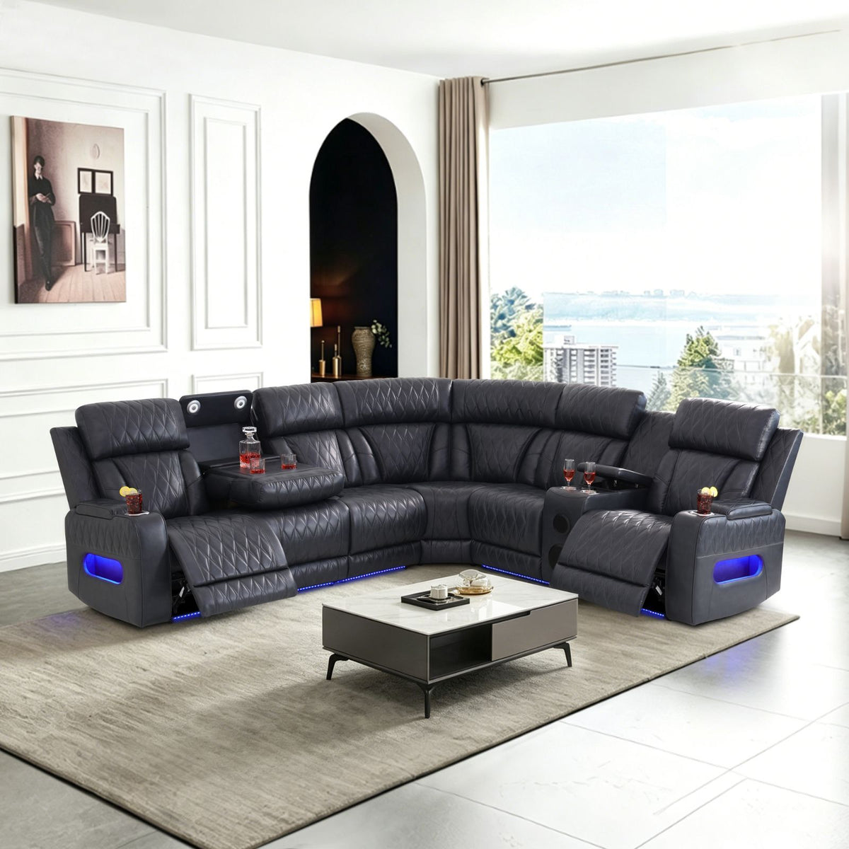 Dark Gray Faux Leather 5-Seater Power Reclining Sectional Sofa