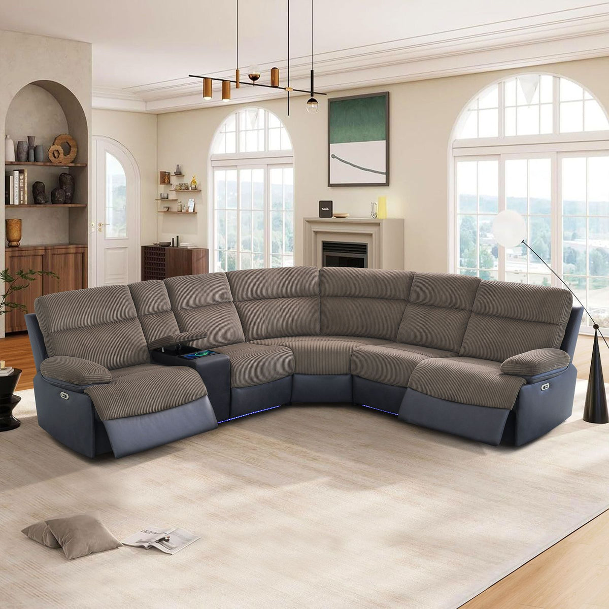 Brown Stripe & Black Technical Fabric 3-Piece Power Reclining Sofa Set