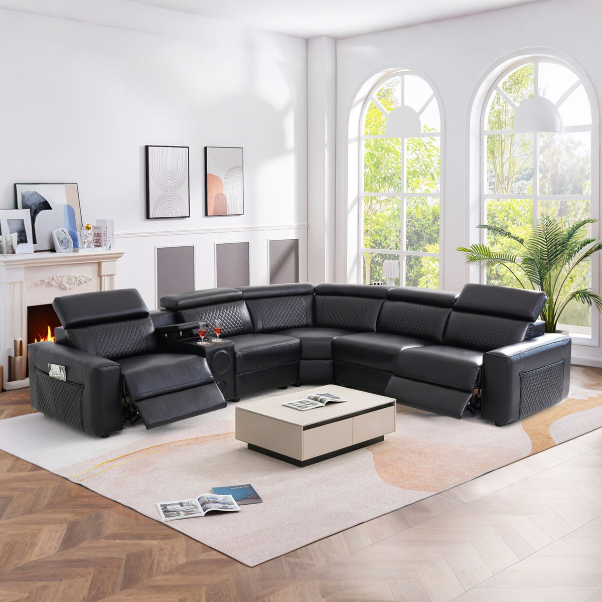Black Breathable Semi-PU Leather 6-Piece Power Reclining Sofa Set