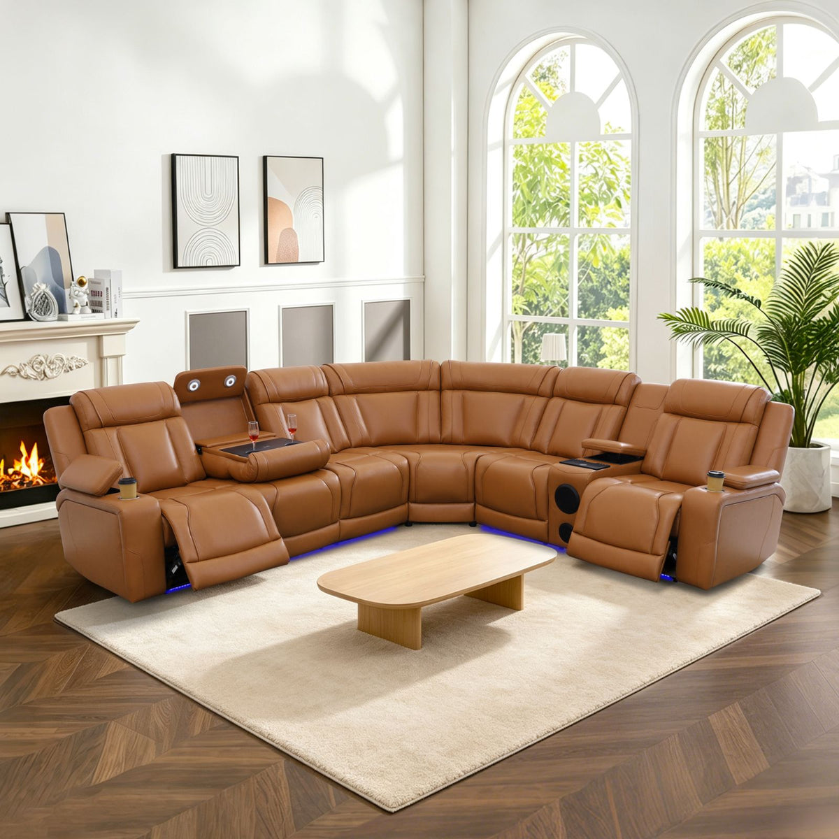 Yellow-Brown Semi-PU Leather 3-Piece Power Reclining Sofa Set - product image 4