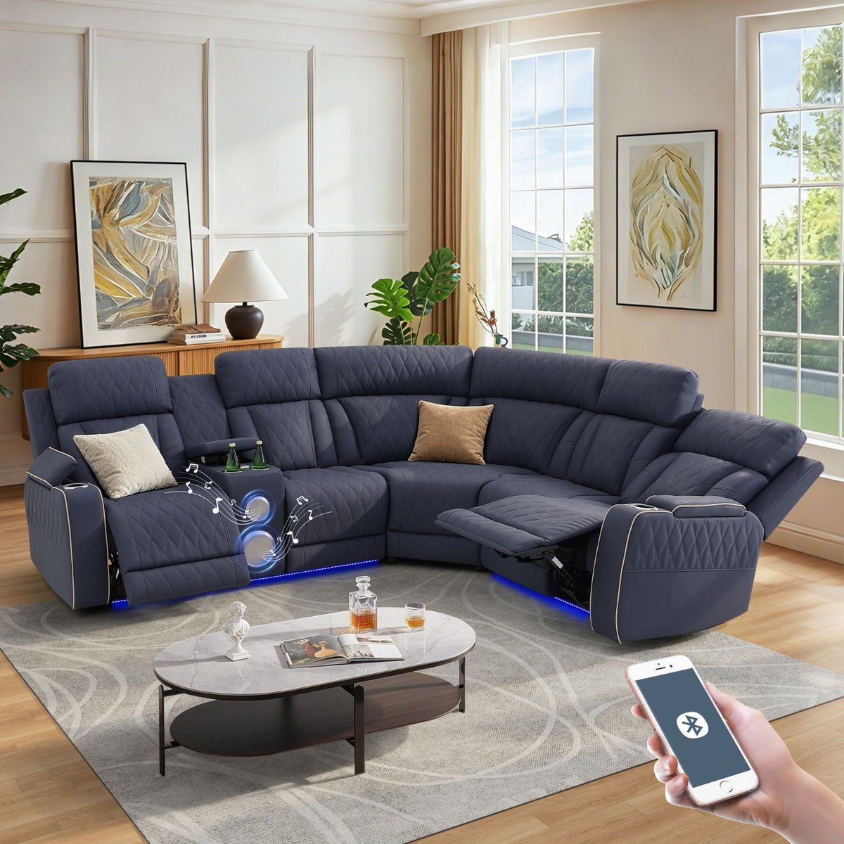 Bluish Gray Sandy Leather 3-Piece Power Reclining Sofa Set