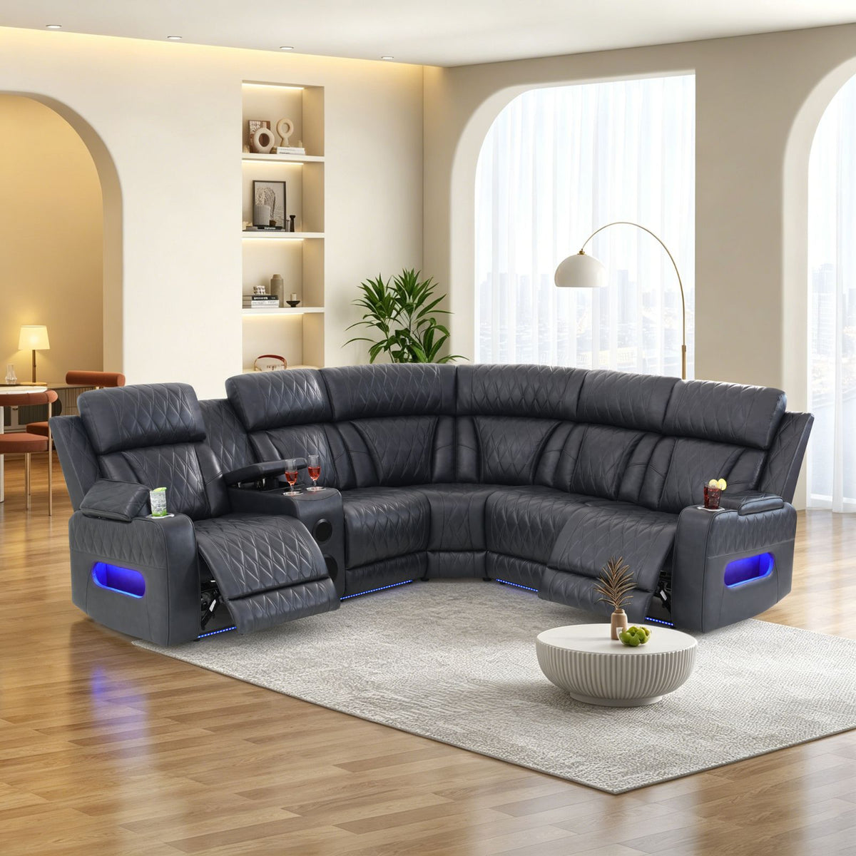 Blackish Gray Leather & PVC 3-Piece Power Reclining Sofa Set