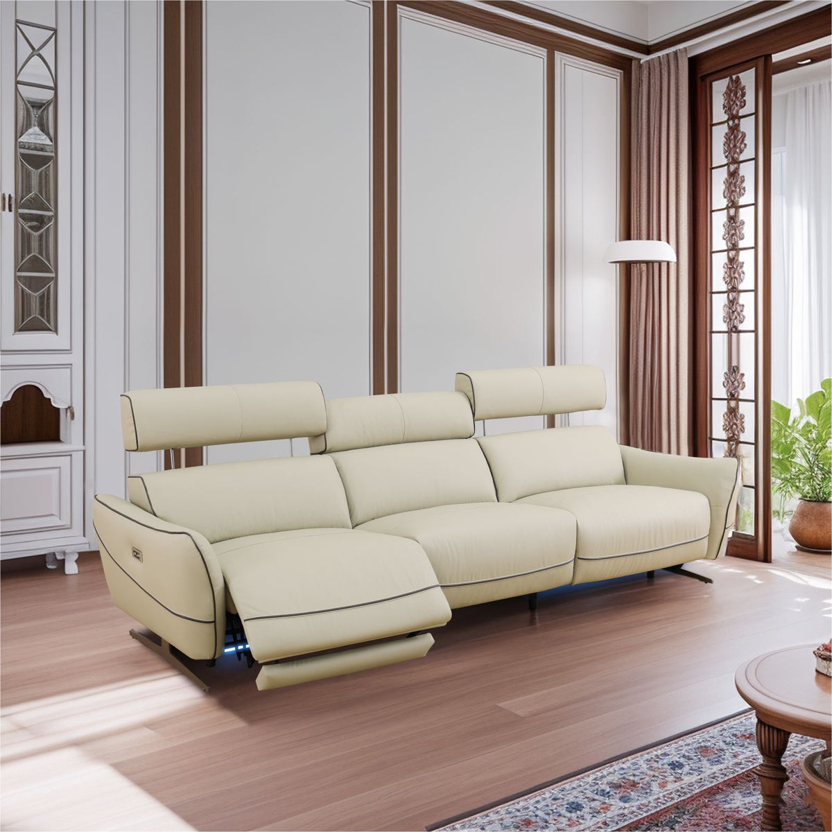 Aainehome Beige Top Grain Leather and PVC 3-Piece Living Room Recliner Sofa Set
