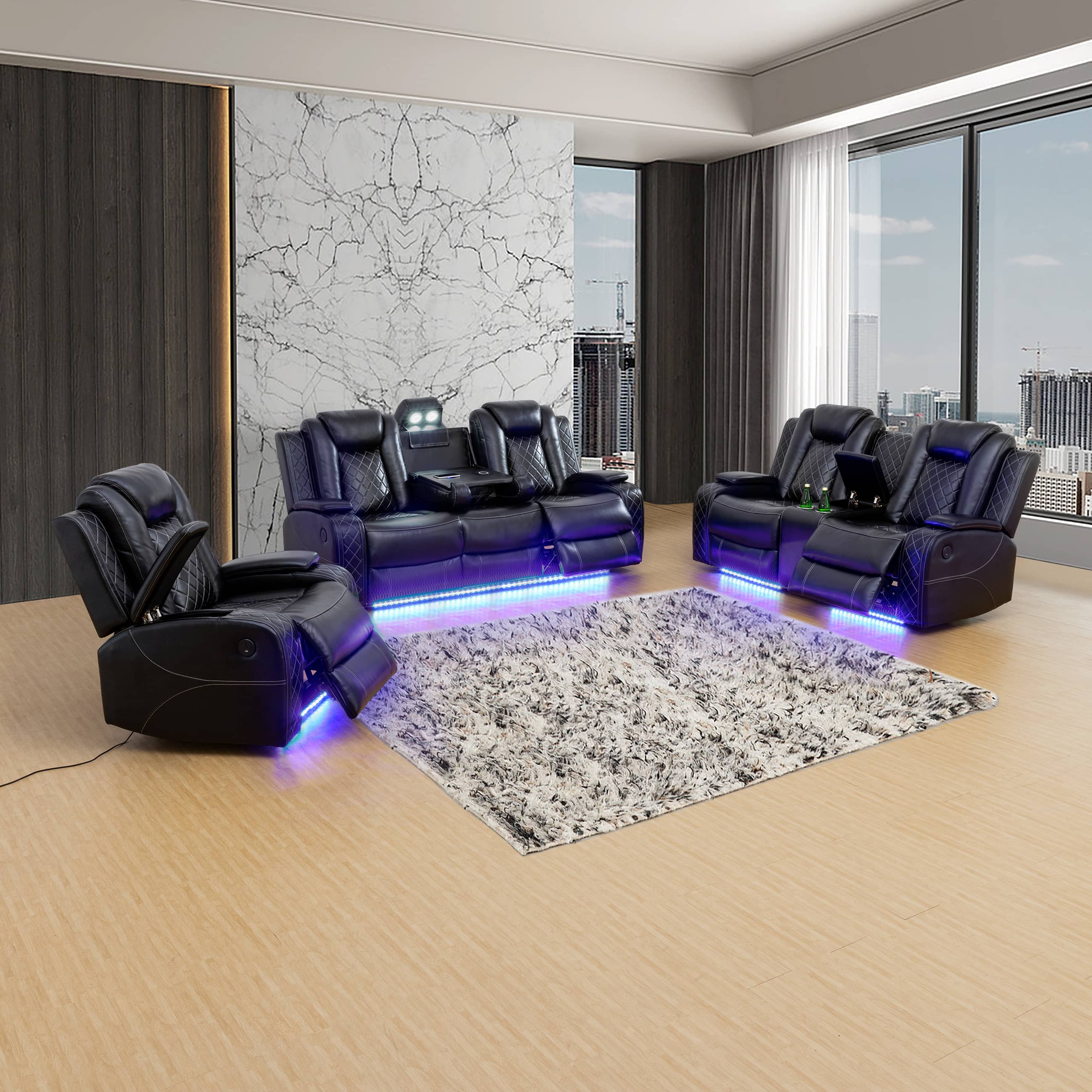 Ainehome Black Breathing Leather 3-Piece Living Room Recliner Sofa Set
