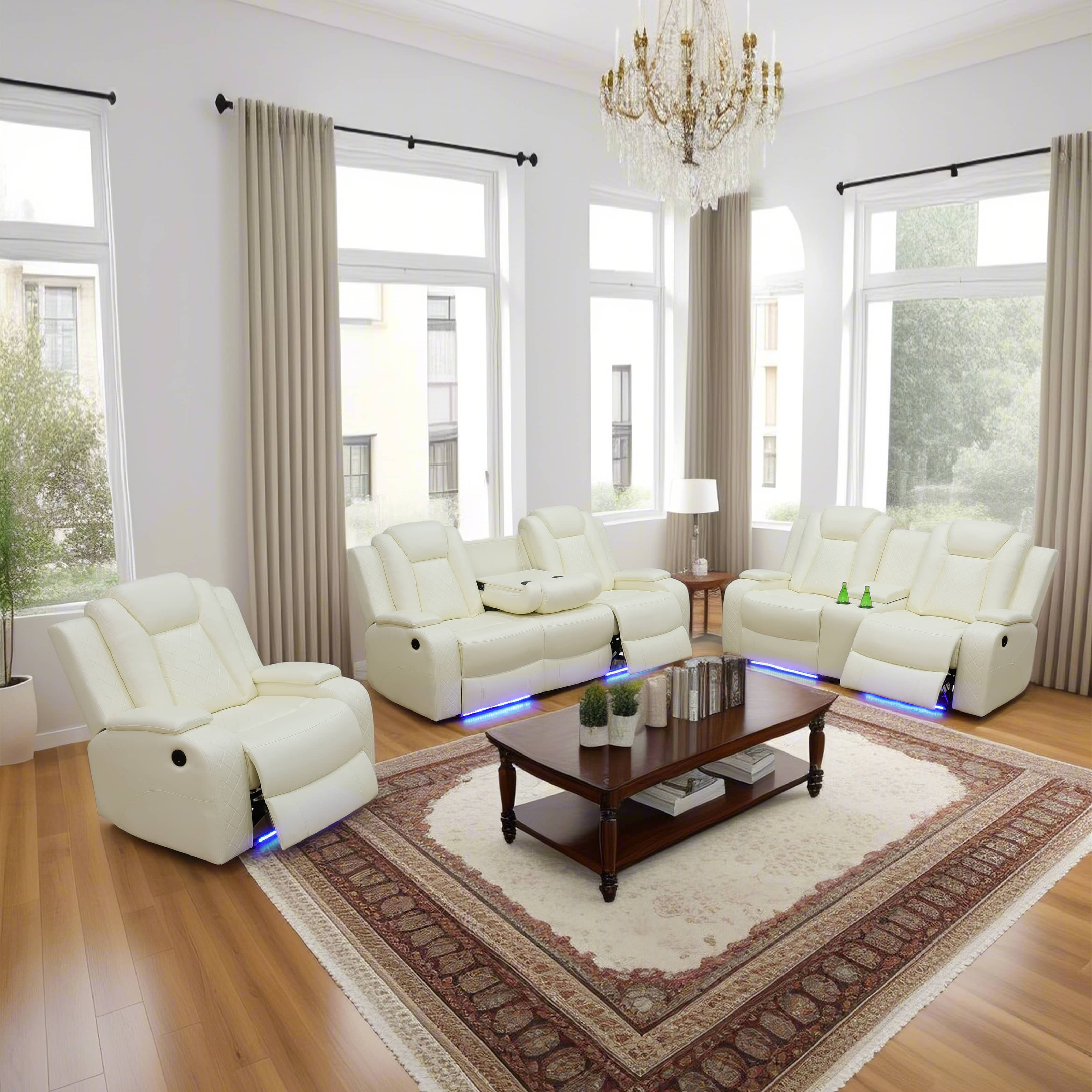 White Breathing Leather 3-Piece Living Room Recliner Sofa Set