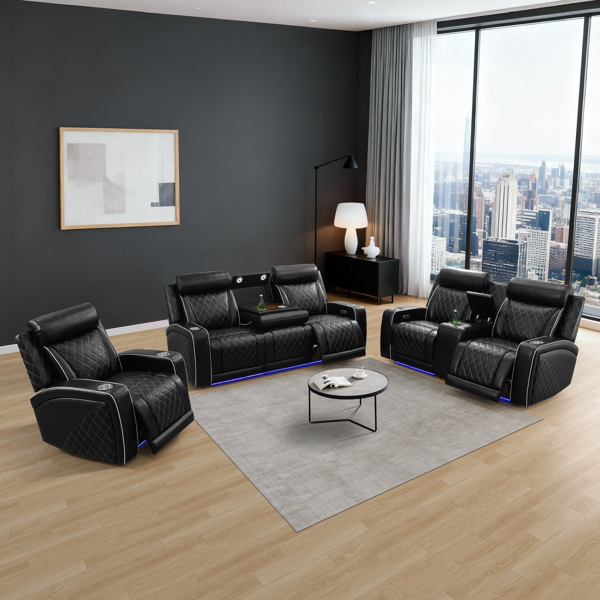 Black Breathable Leather 3-Piece Living Room Functional Sofa Set