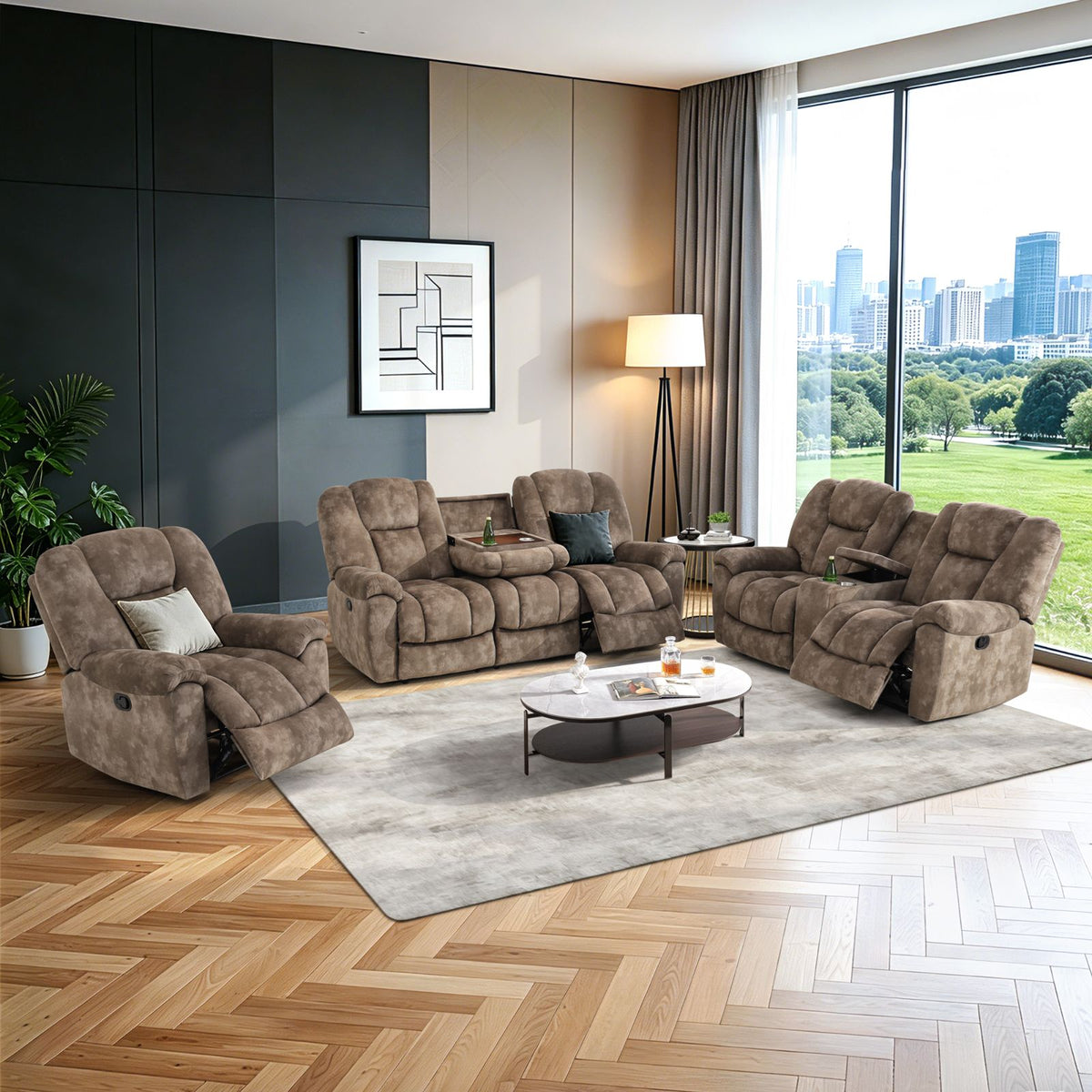Brown Dutch Calico Fabric Reclining 3-Piece Sofa Set