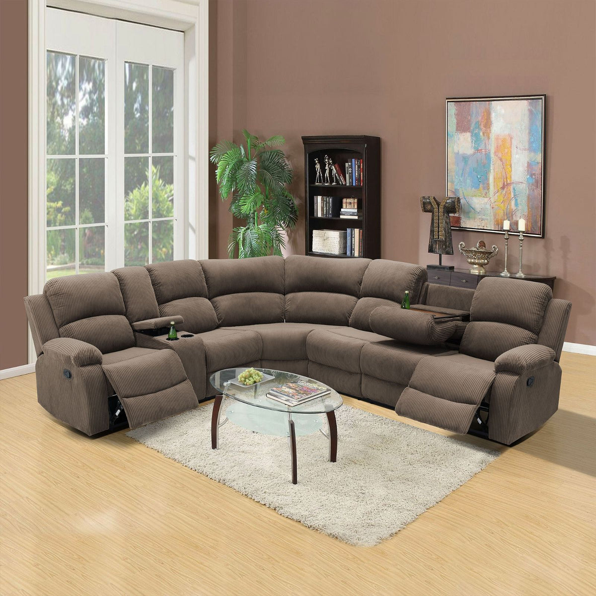 Peanut Corduroy Stripe Fabric Reclining 3-Piece Sofa Set