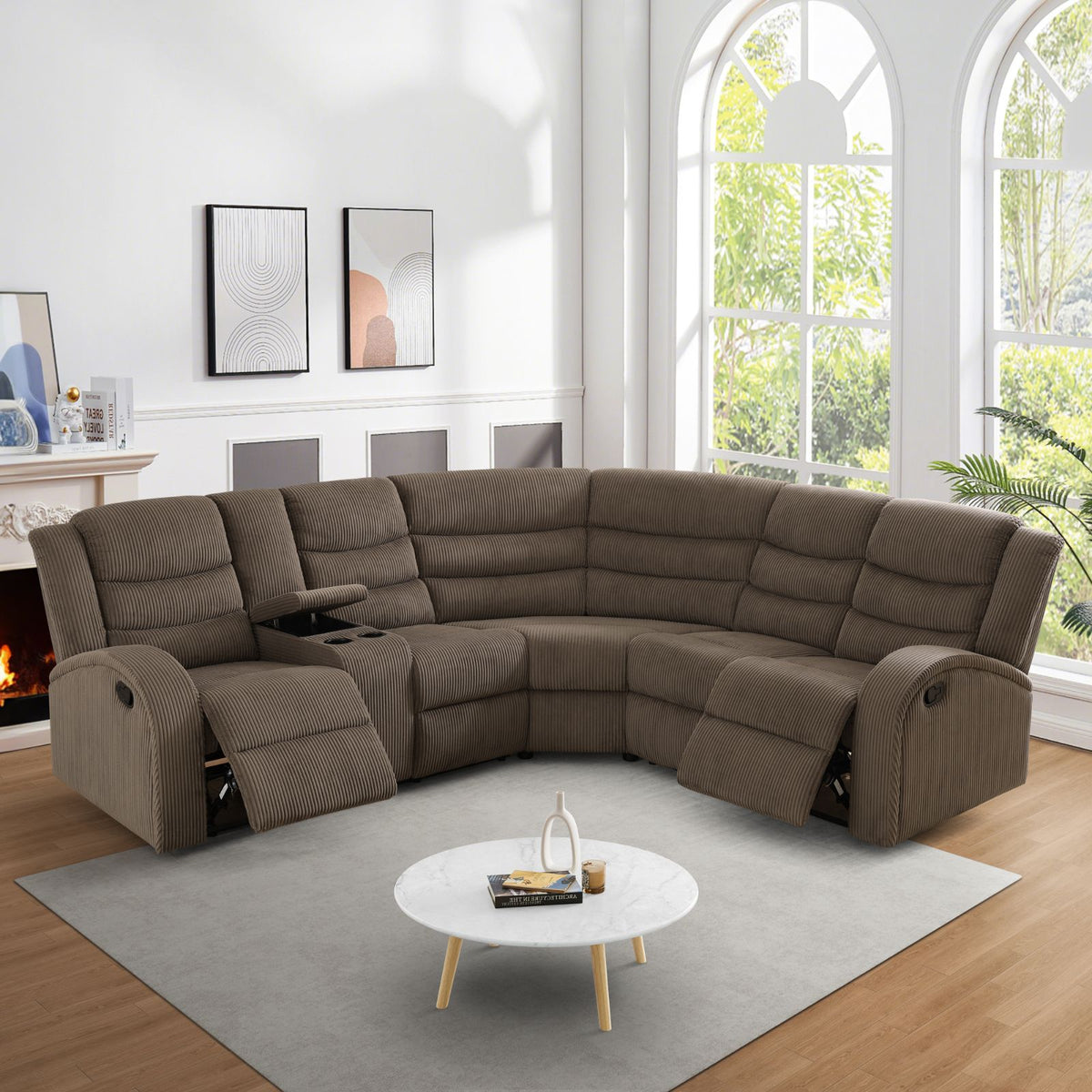 Brown Stripe Fabric 3-Piece Power Reclining Sofa Set